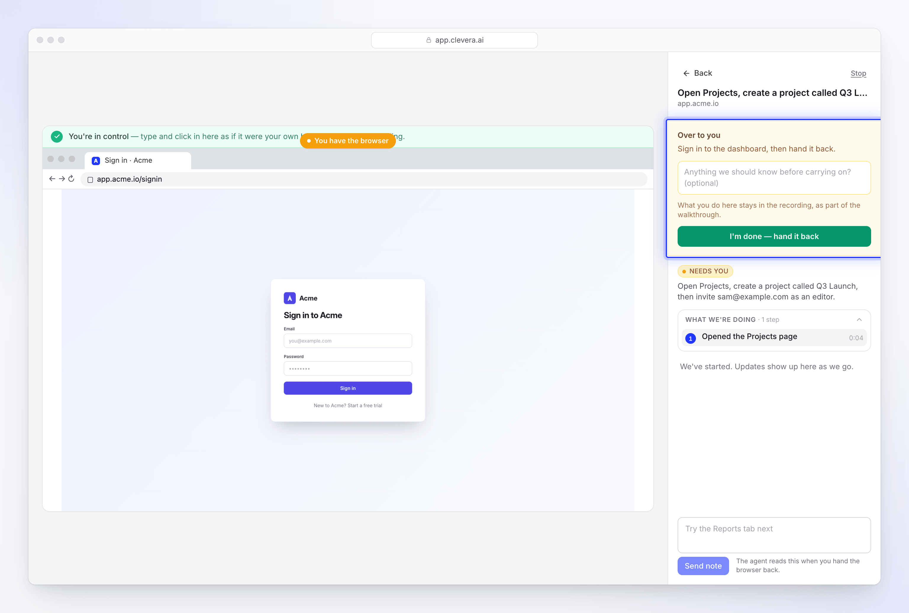 The live page asking you to sign in, with the hand-back panel