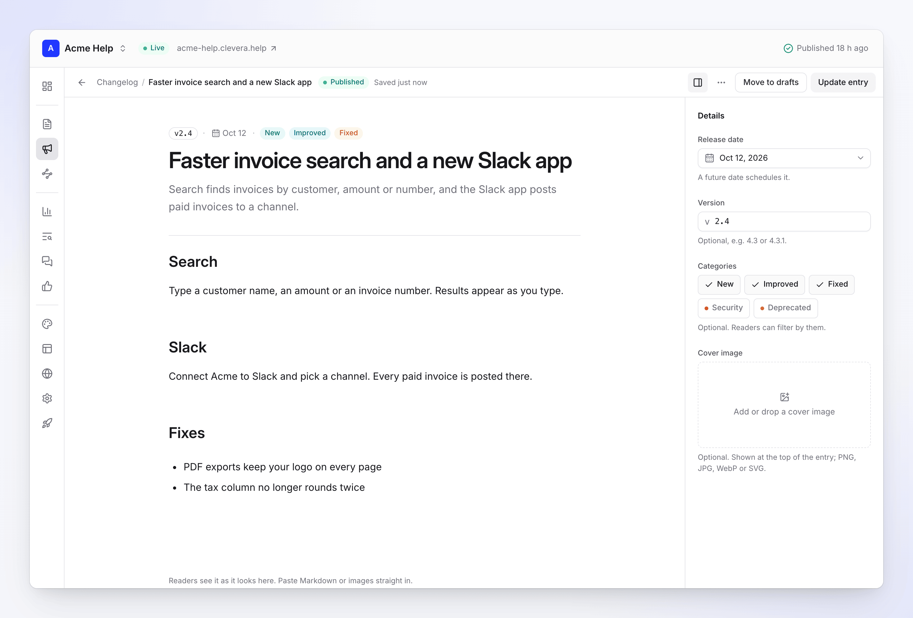 A published changelog entry, v2.4 Faster invoice search and a new Slack app, with release date, version and categories in Details
