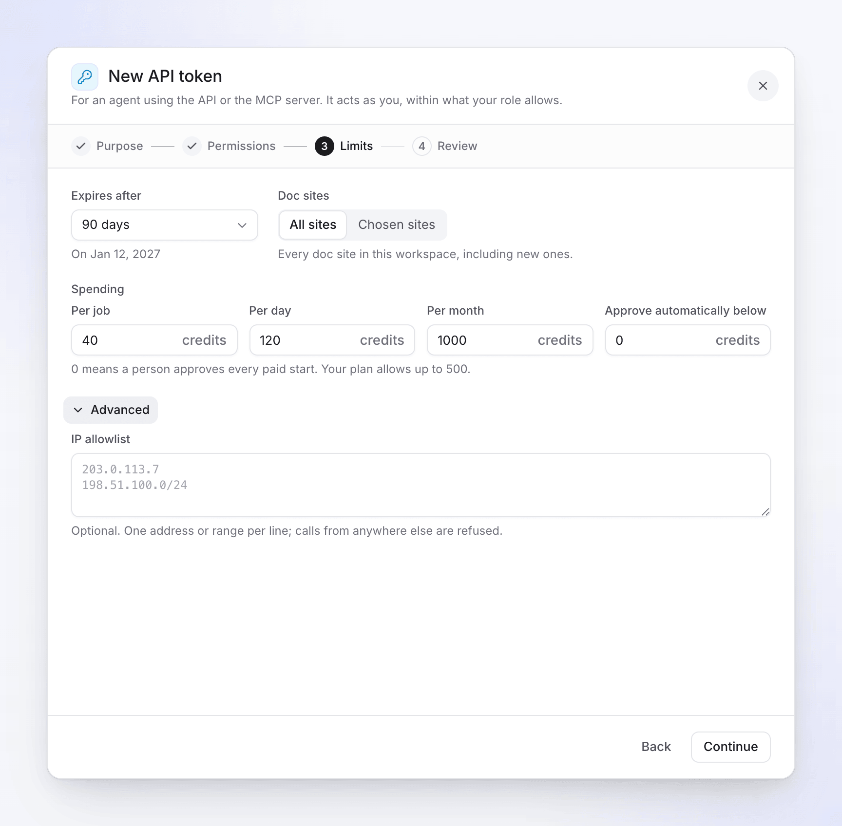 Step 3, Limits: expiry, doc sites, spending caps per job, day and month, Approve automatically below, and the IP allowlist under Advanced.