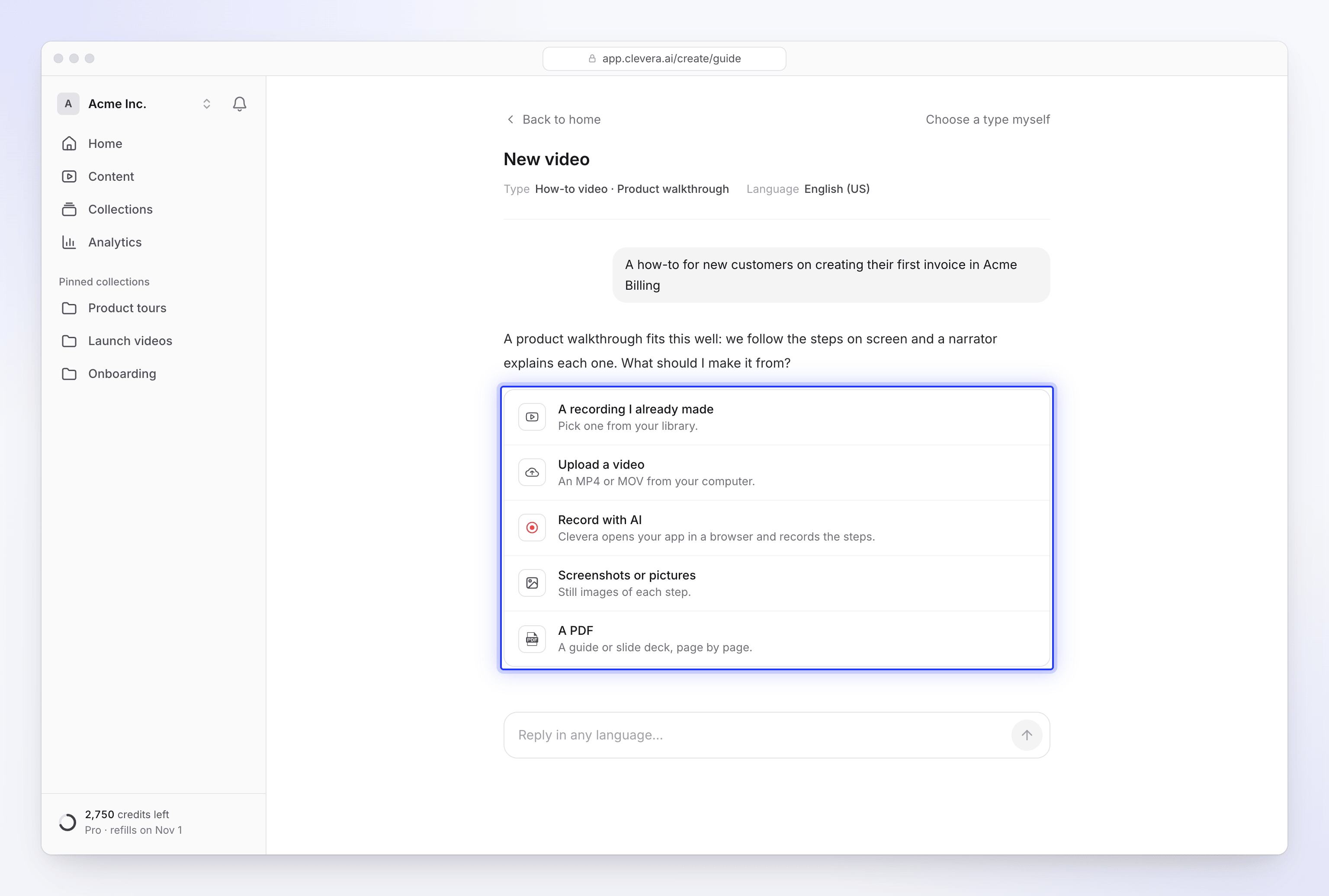 The setup chat asking what to make a how-to from, with recording, upload, Record with AI, pictures and PDF options