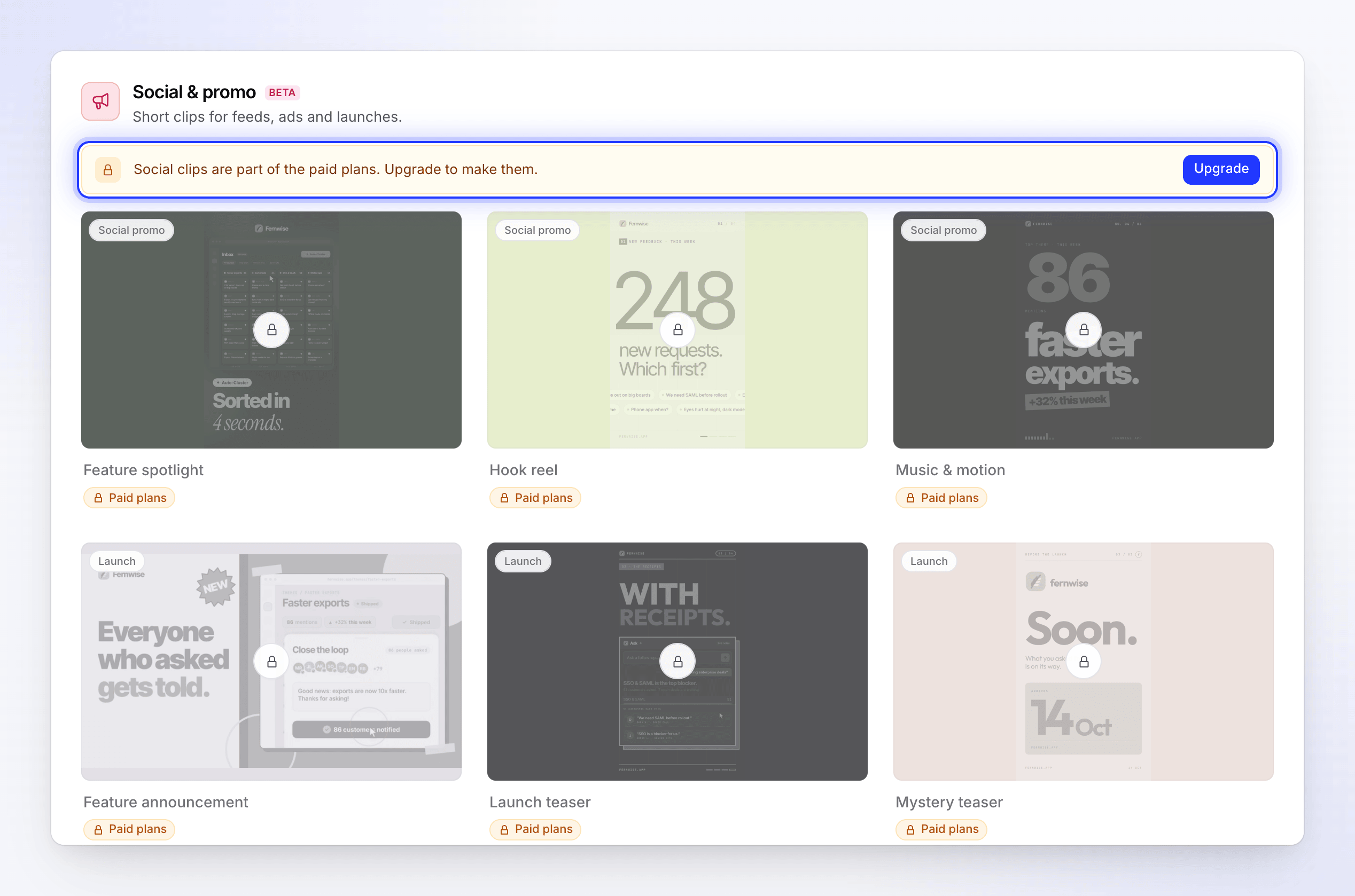 Social clip cards tagged Paid plans under a banner with an Upgrade button on the Free plan