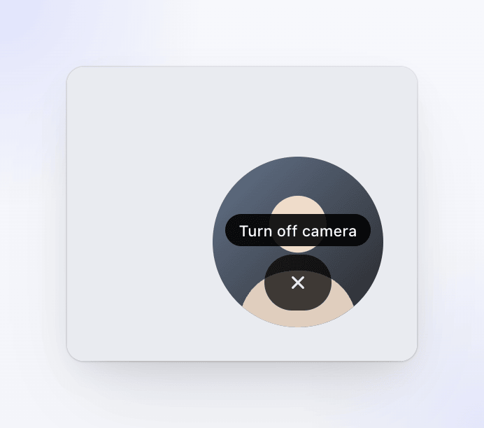 The round camera preview with the Turn off camera button showing on hover.