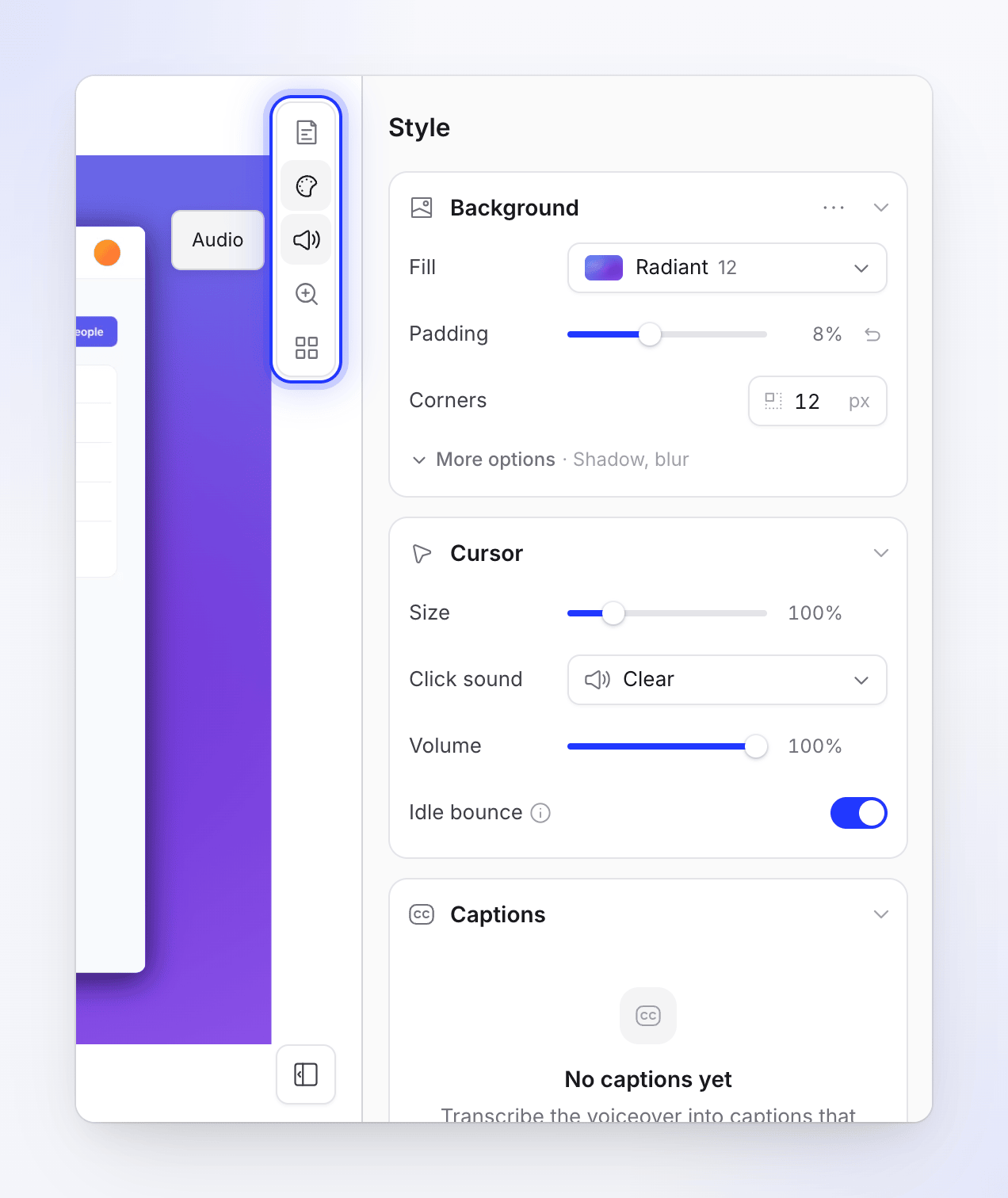 The editor's side panel on the Style tab, with the Script, Style, Audio, Zoom and Elements tabs on its icon rail.