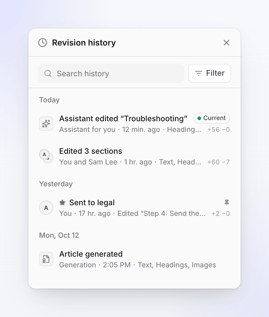 Le panneau Historique des révisions listant les versions de l'assistant, de l'équipe, les versions nommées et générées