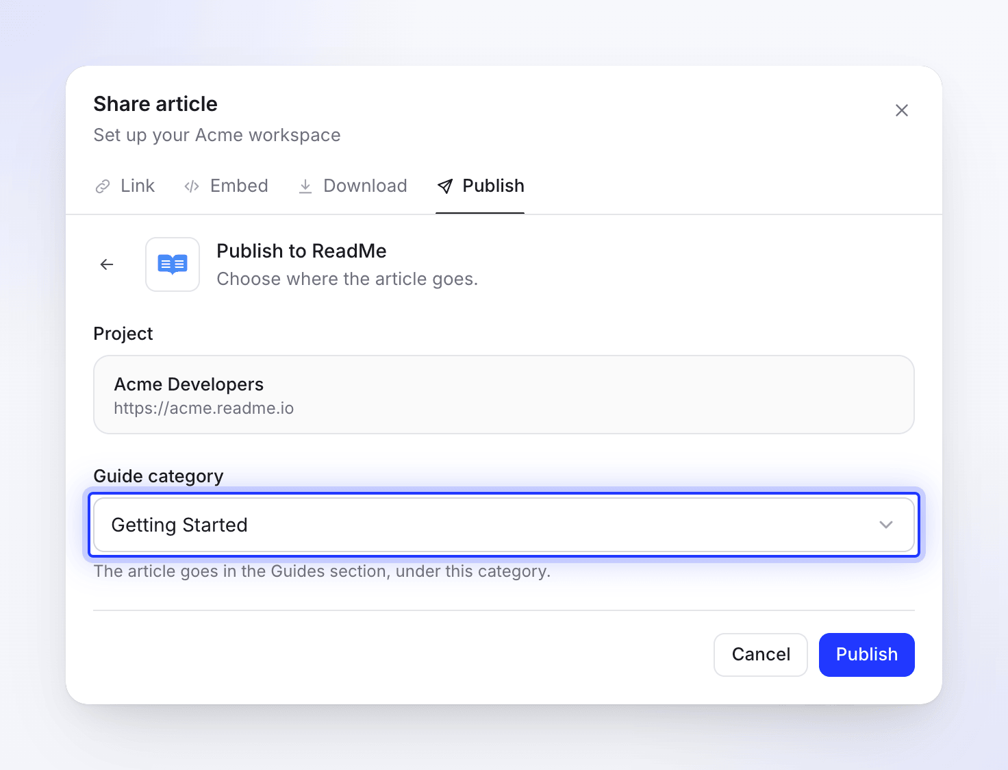 The Publish to ReadMe view with the Acme Developers project and the Getting Started guide category