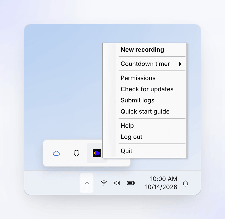 Windows: the Clevera tray menu opened from the notification area, with New recording, Countdown timer, Permissions and Quit.