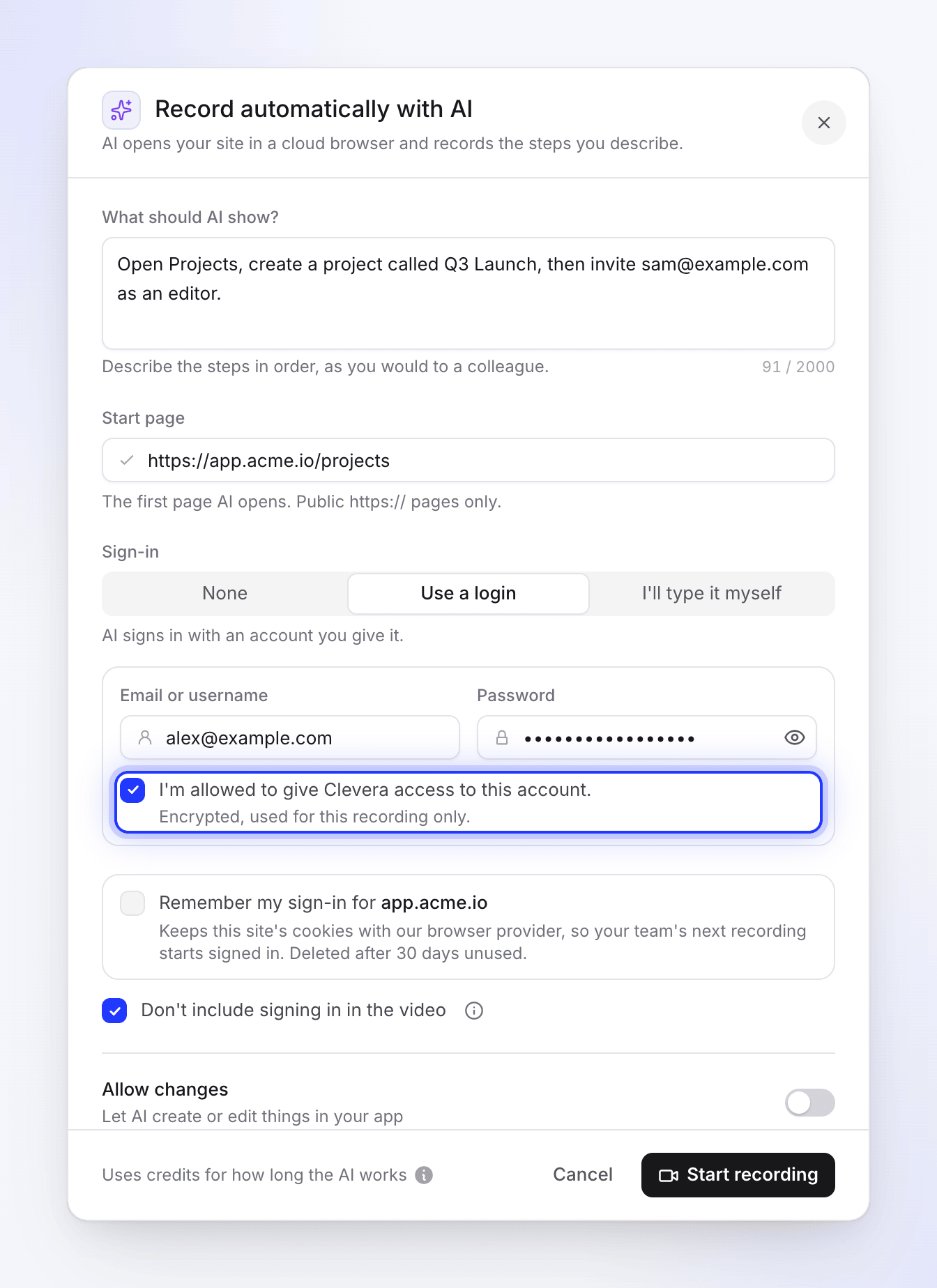 The Record automatically with AI dialog with Use a login picked, a dummy login filled in and the consent box ticked.