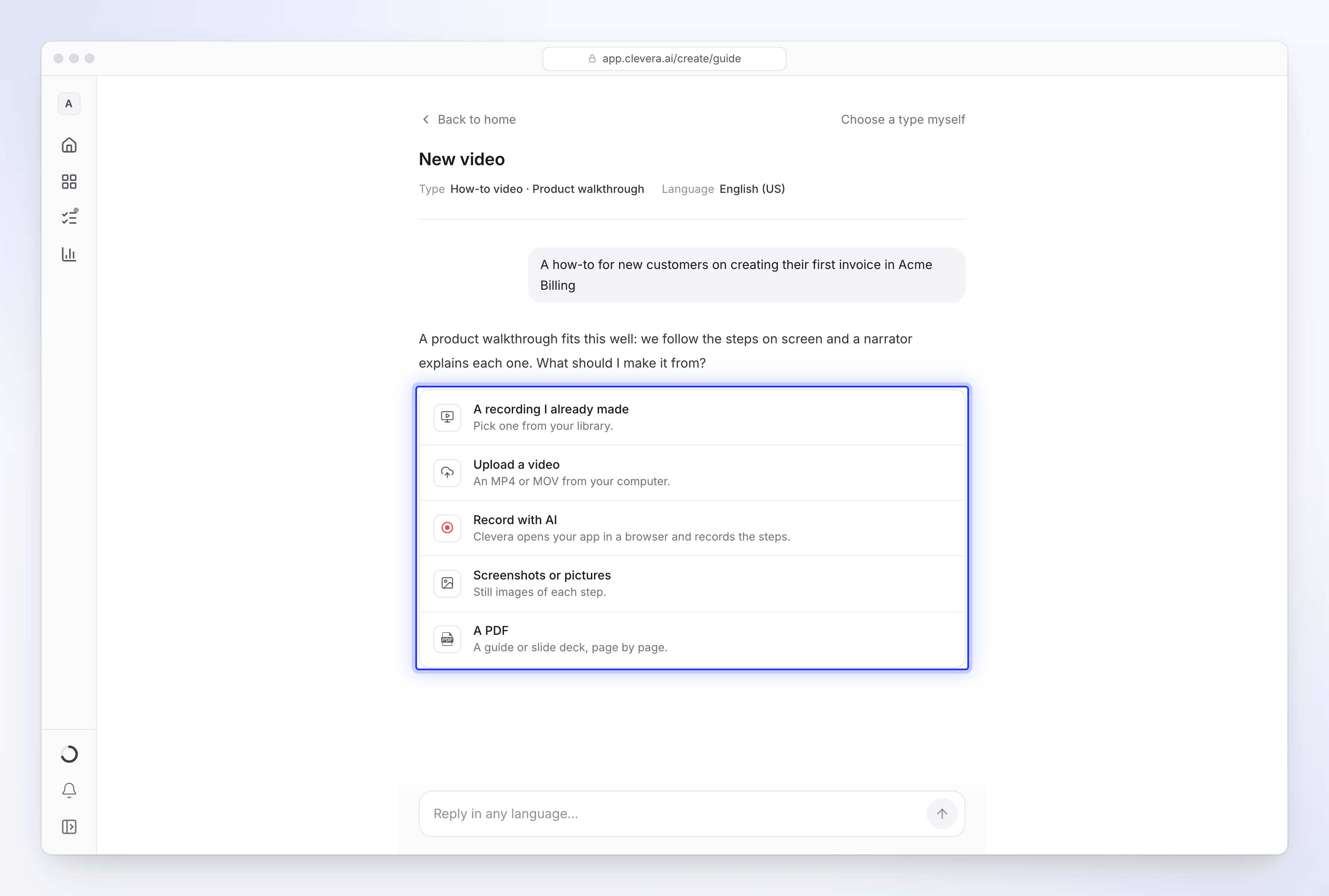 La chat di configurazione che chiede da cosa creare un video pratico, con opzioni per registrazione, caricamento, Registra con l'IA, immagini e PDF