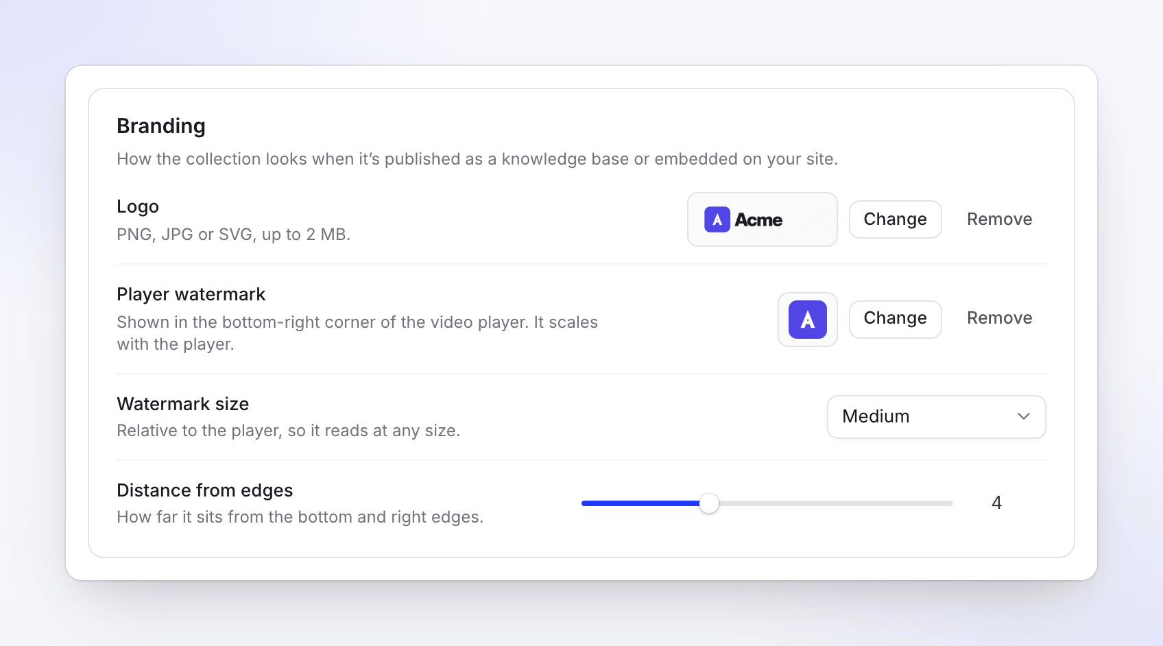 Collection branding settings with a logo, a player watermark, watermark size and distance from edges