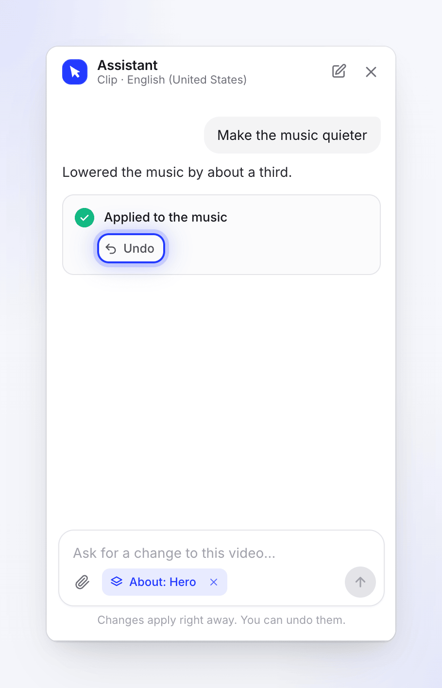An assistant reply describing the change, with an Applied to the music card and an Undo button.
