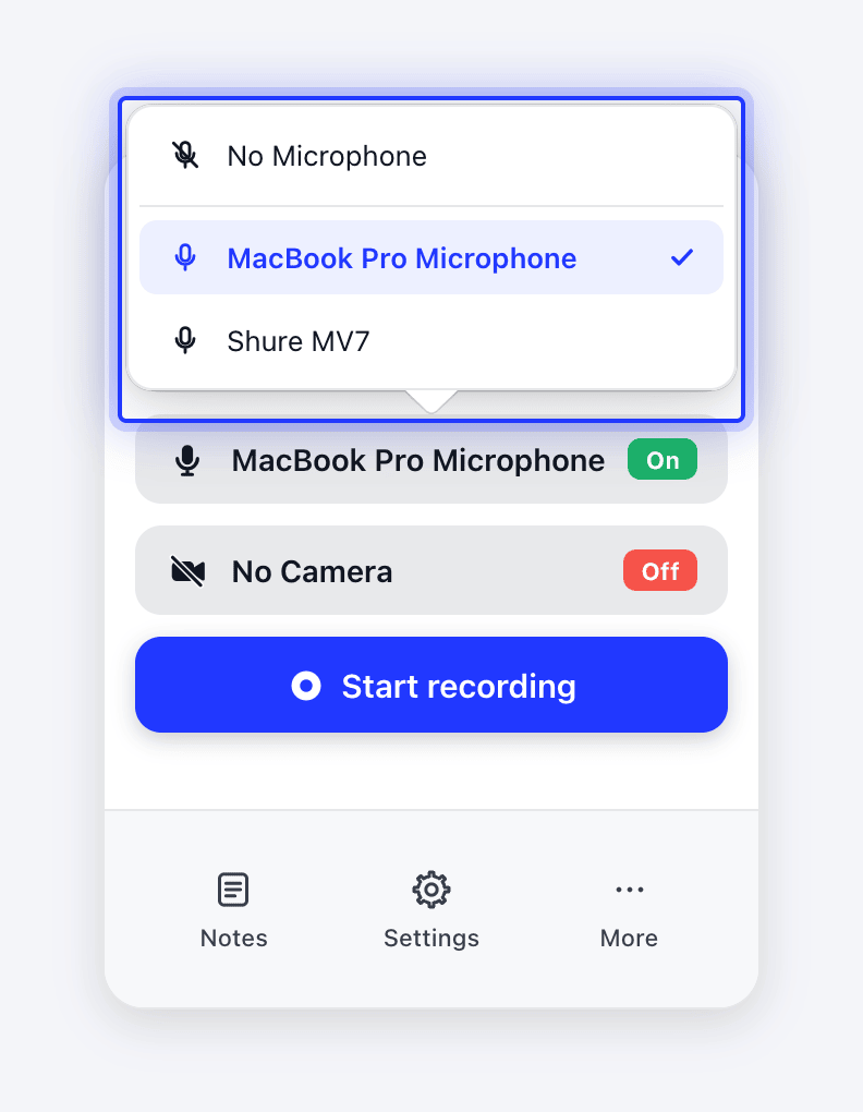 The microphone list open above the Microphone row in the Clevera recording window.