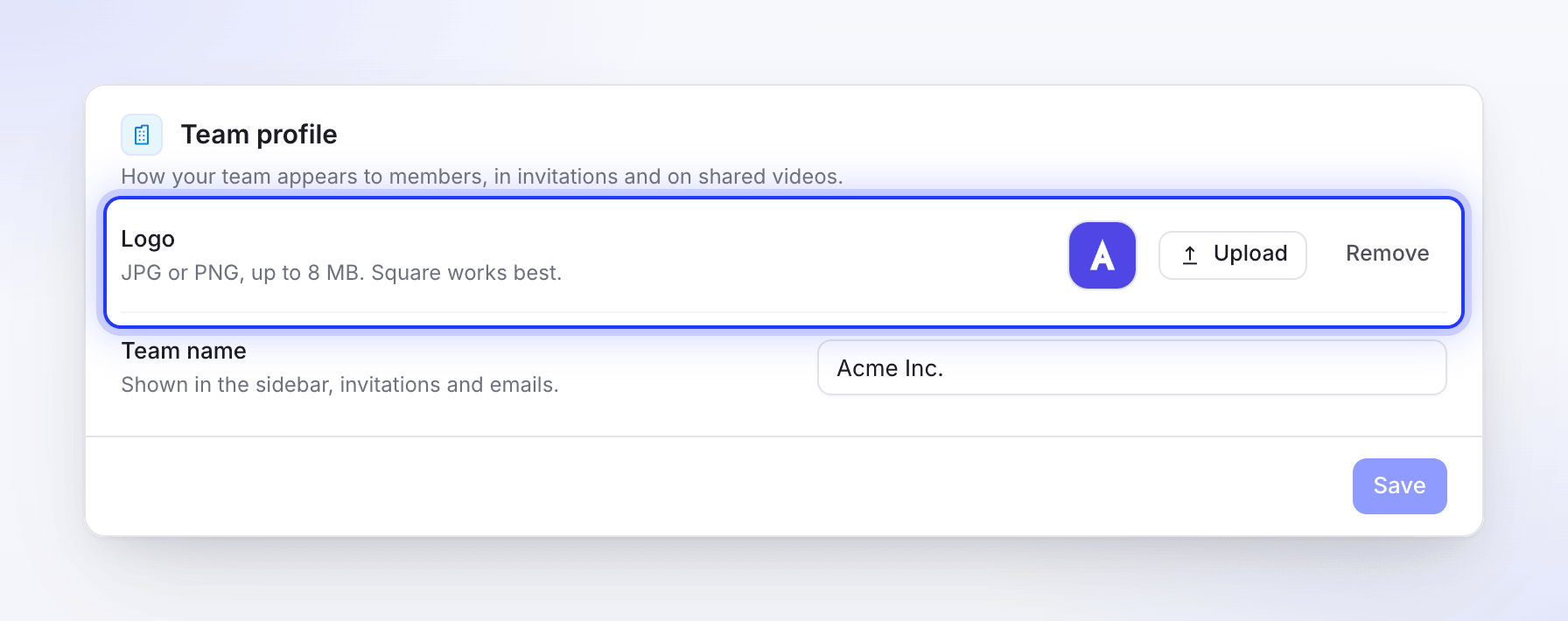 Team profile settings with the Acme Inc. logo uploaded