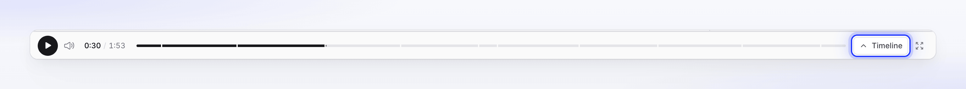 The compact player bar under the video: play, volume, the time, a scrubber with scene marks, the Timeline button and fullscreen.