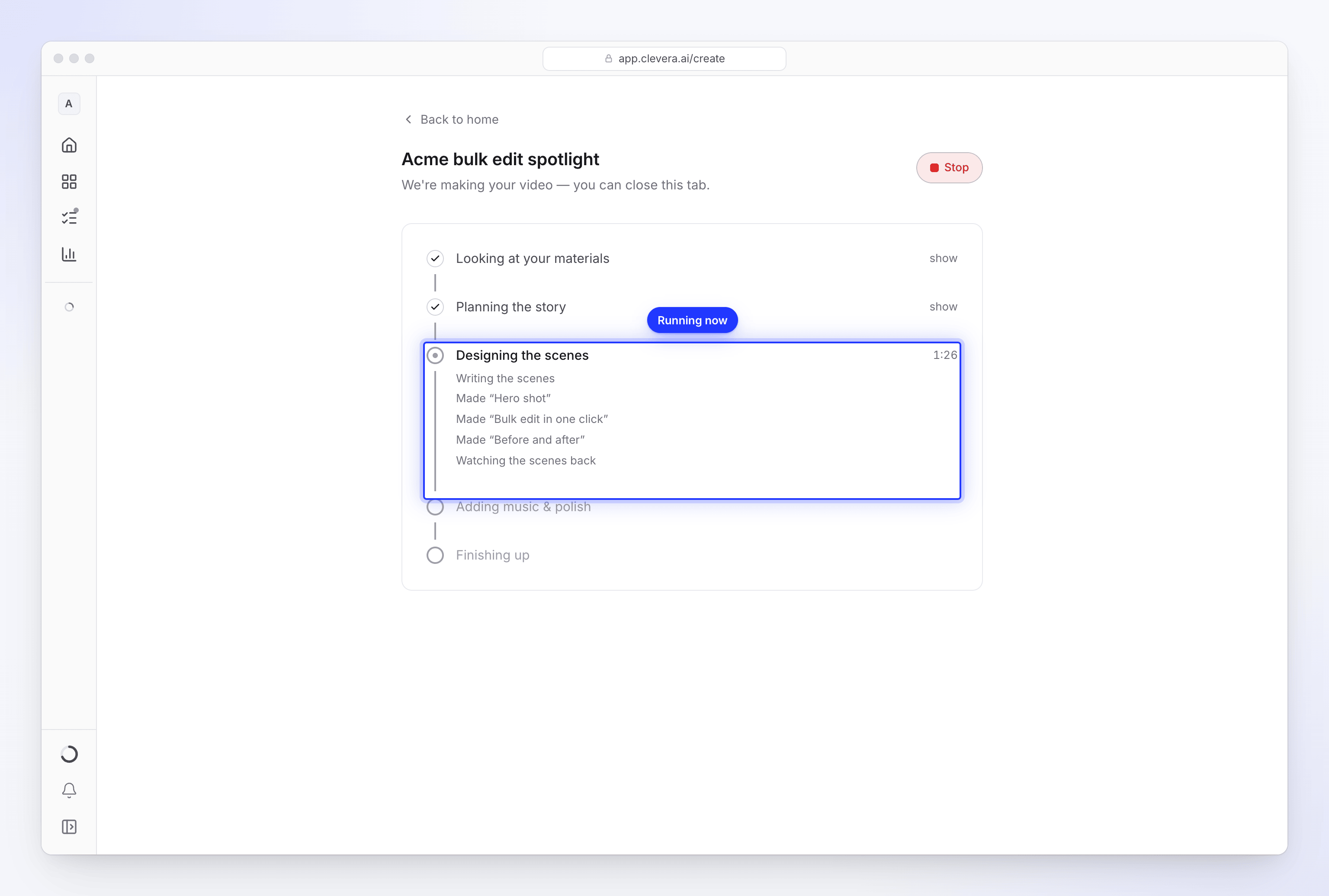 La pagina di generazione con cinque fasi, la terza in esecuzione con un timer e note sottostanti