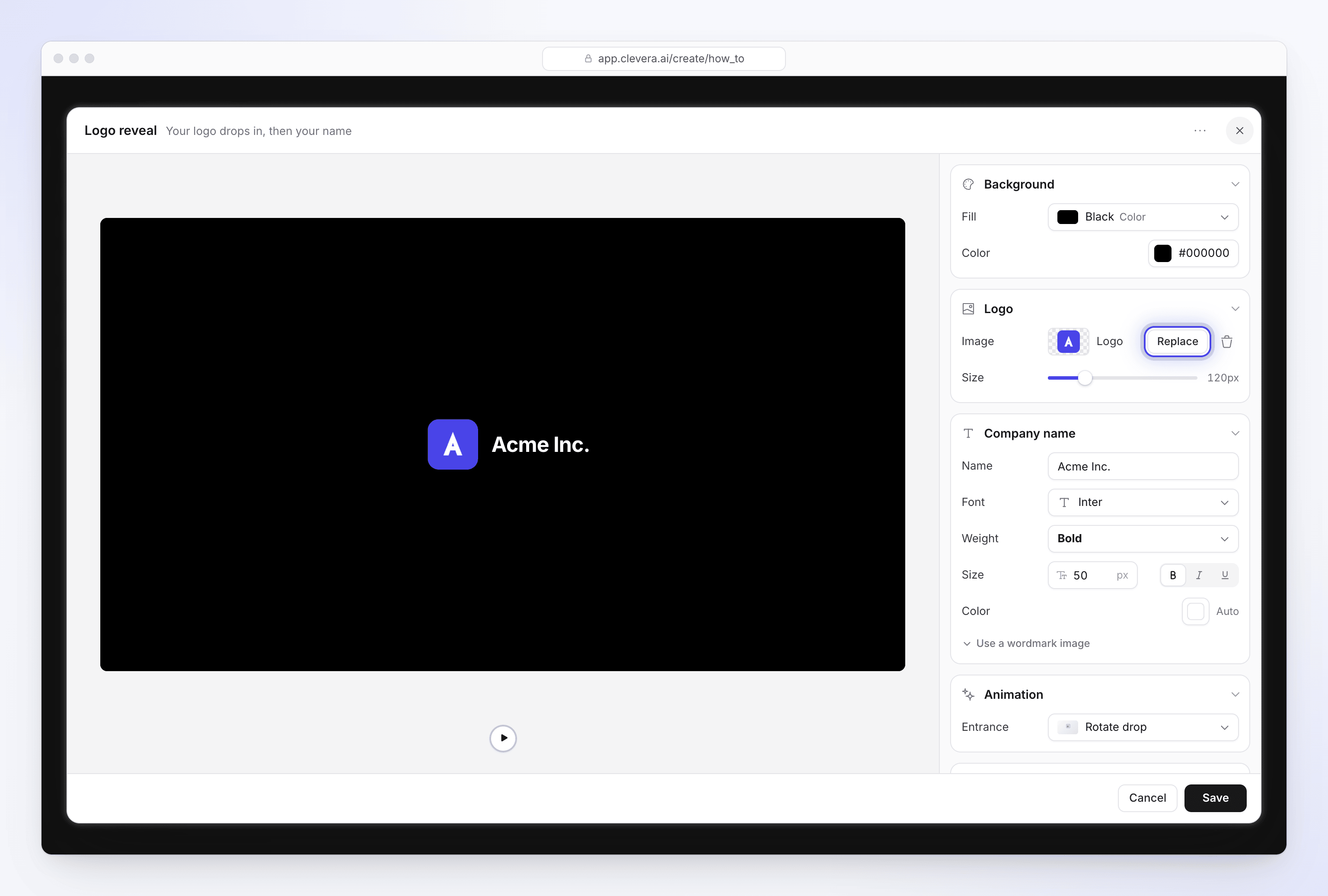 The Logo reveal editor with the Acme logo, the company name and the Rotate drop entrance.