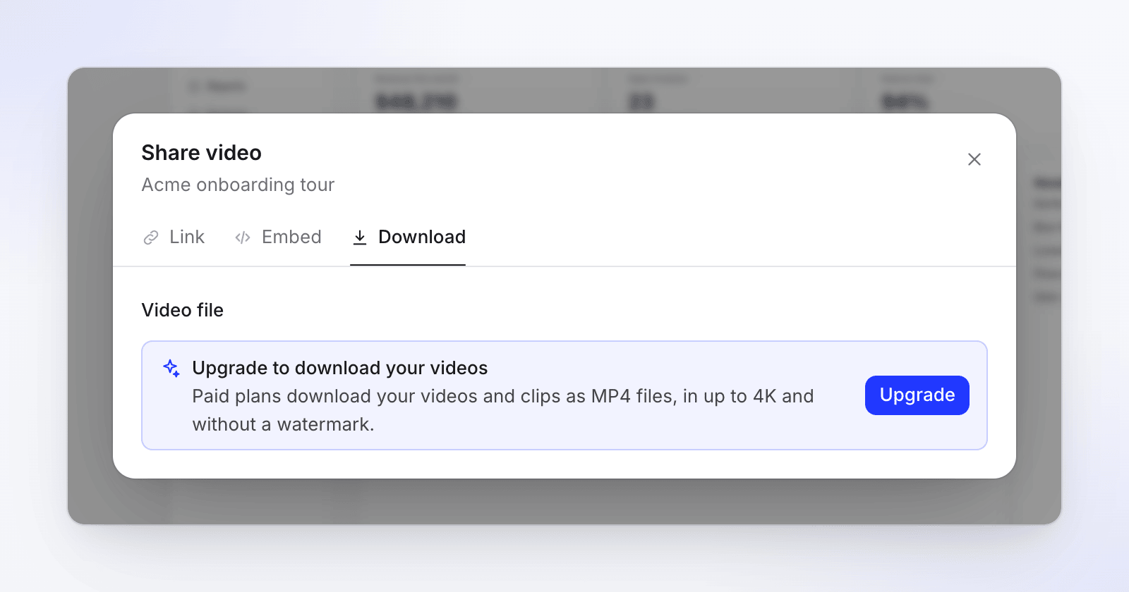 La finestra Condividi video sulla scheda Scarica di uno spazio di lavoro Free, che mostra Esegui l'upgrade per scaricare i tuoi video con un pulsante Esegui l'upgrade invece delle opzioni di download