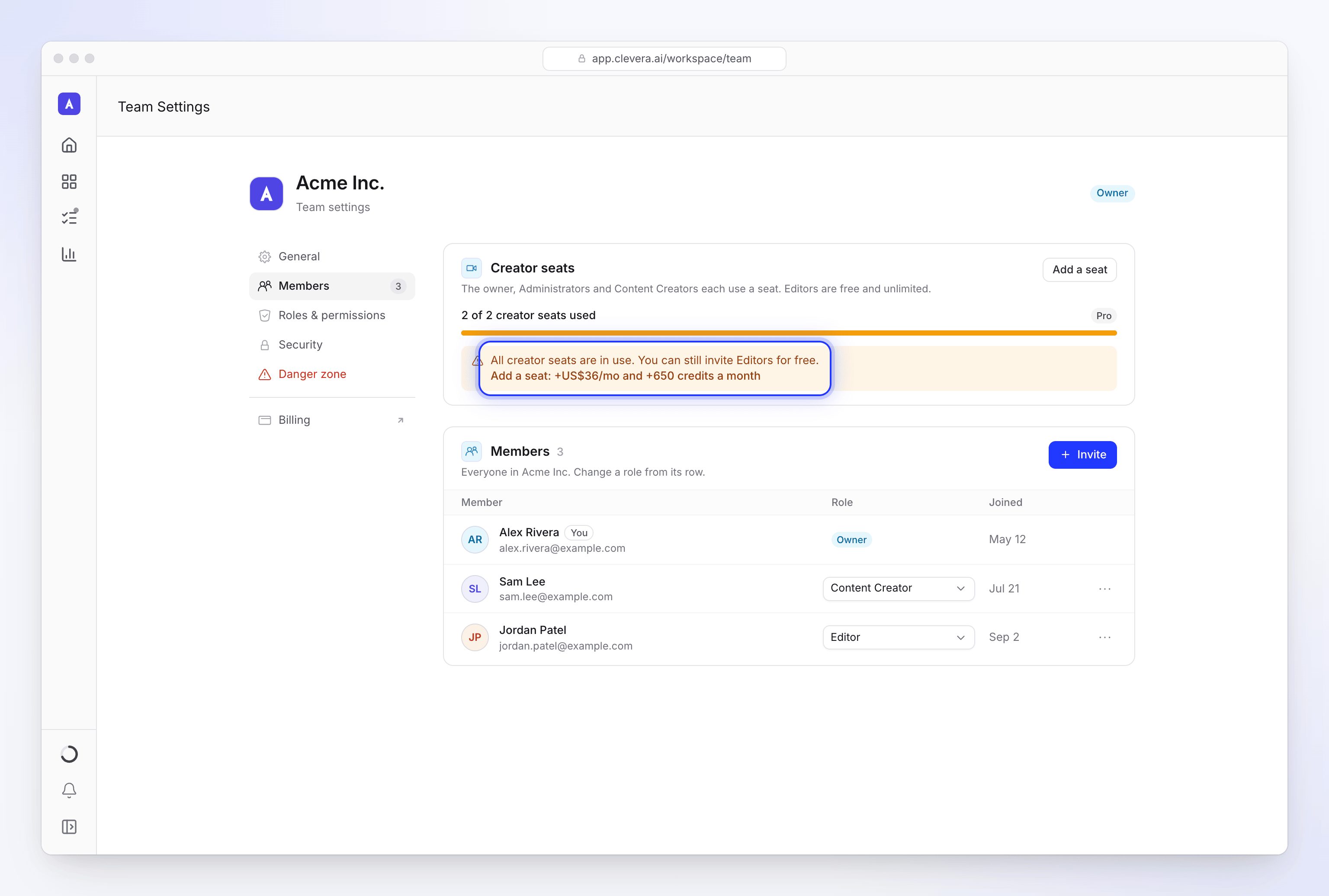 Scheda Membri delle impostazioni del team con ogni postazione creatore in uso e l'offerta Aggiungi un posto