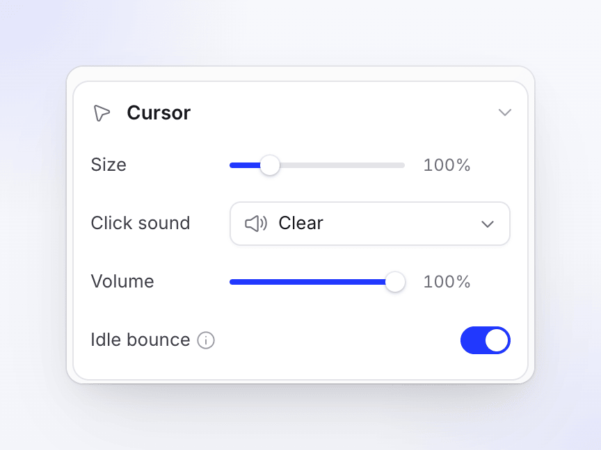 The Cursor settings with Size, Click sound, Volume and Idle bounce.