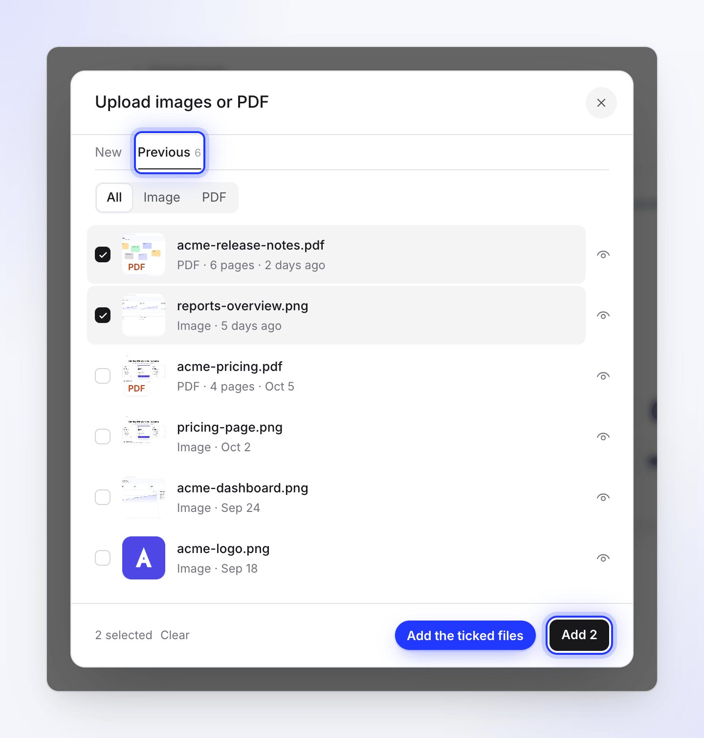 The Upload images or PDF window on the Previous tab with two earlier uploads ticked and an Add 2 button