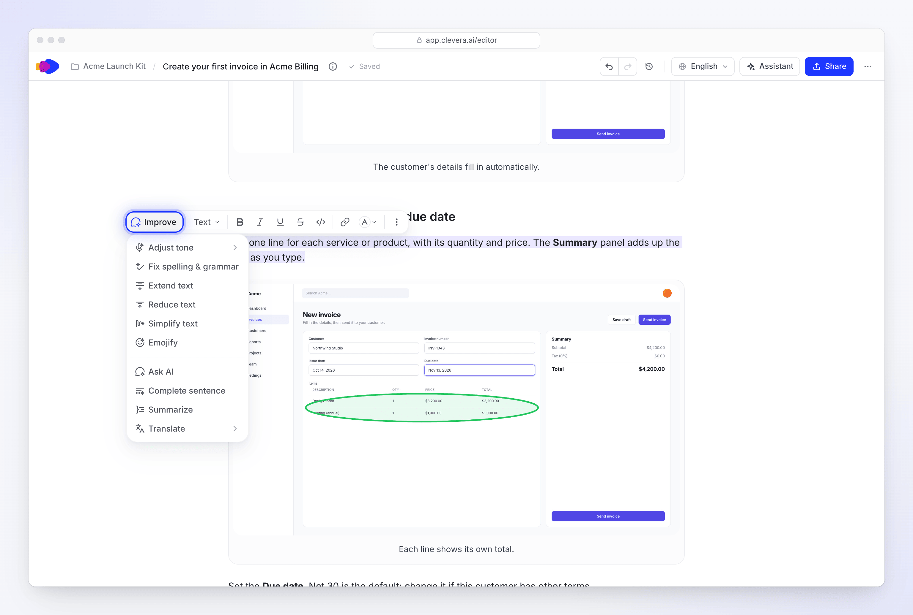 The Improve menu on selected text with rewrite actions