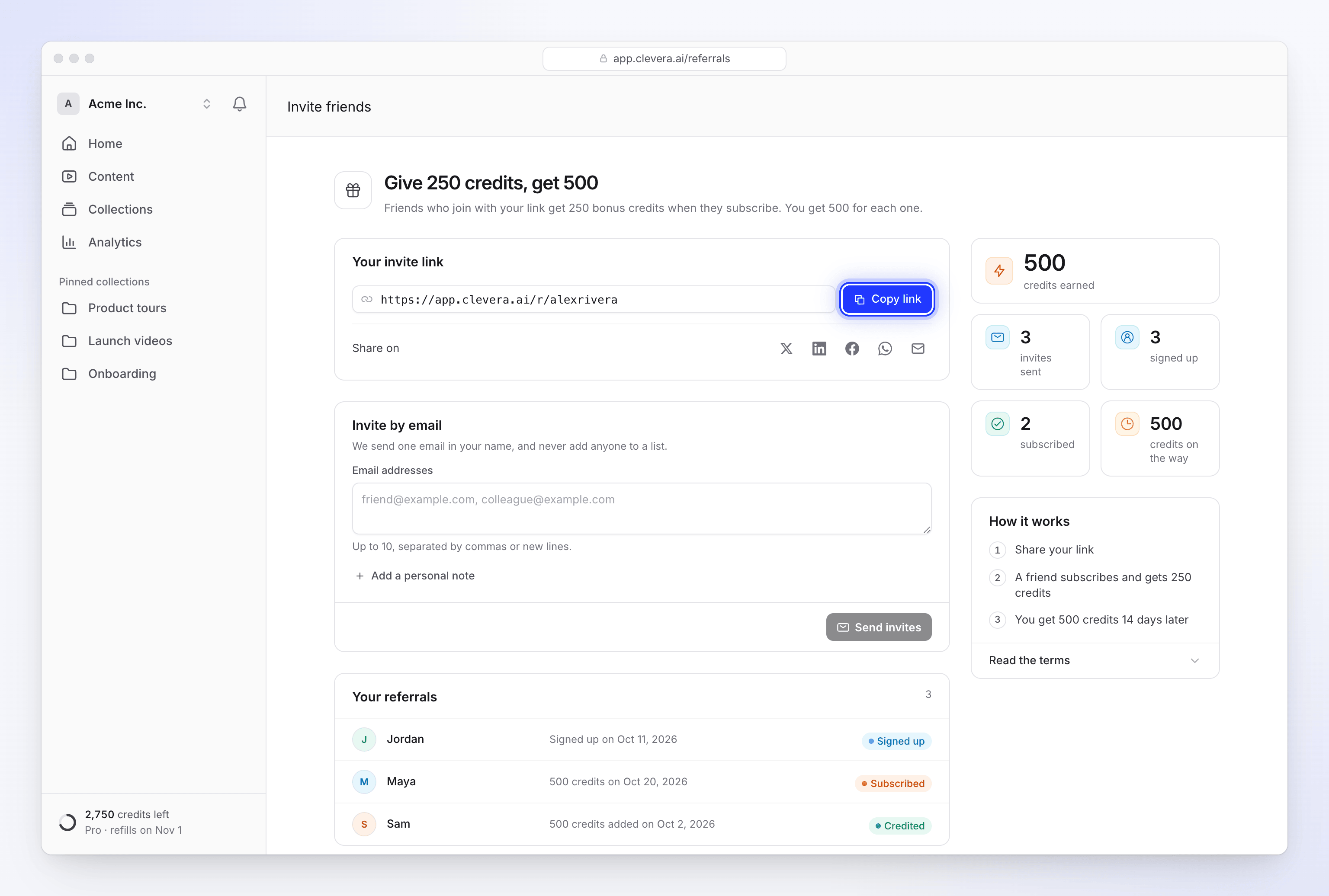The Invite friends page with the offer, your invite link, share buttons and your referral totals