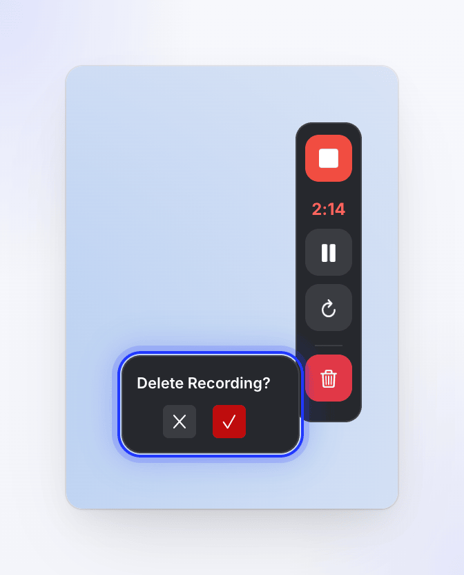 Windows: the recording control bar asking Delete Recording? with cancel and confirm buttons.