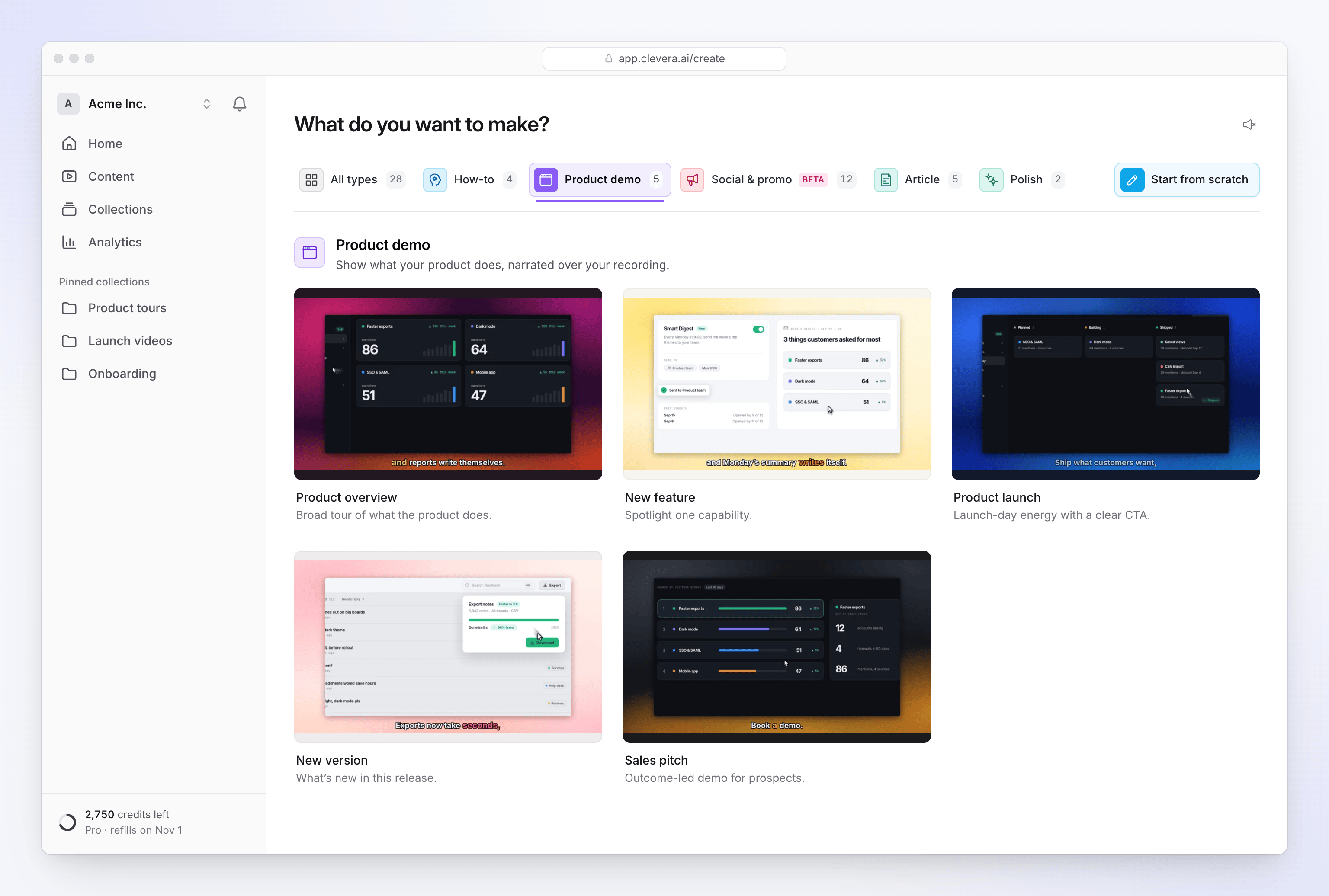 The Product demo family with its five kinds of demo.