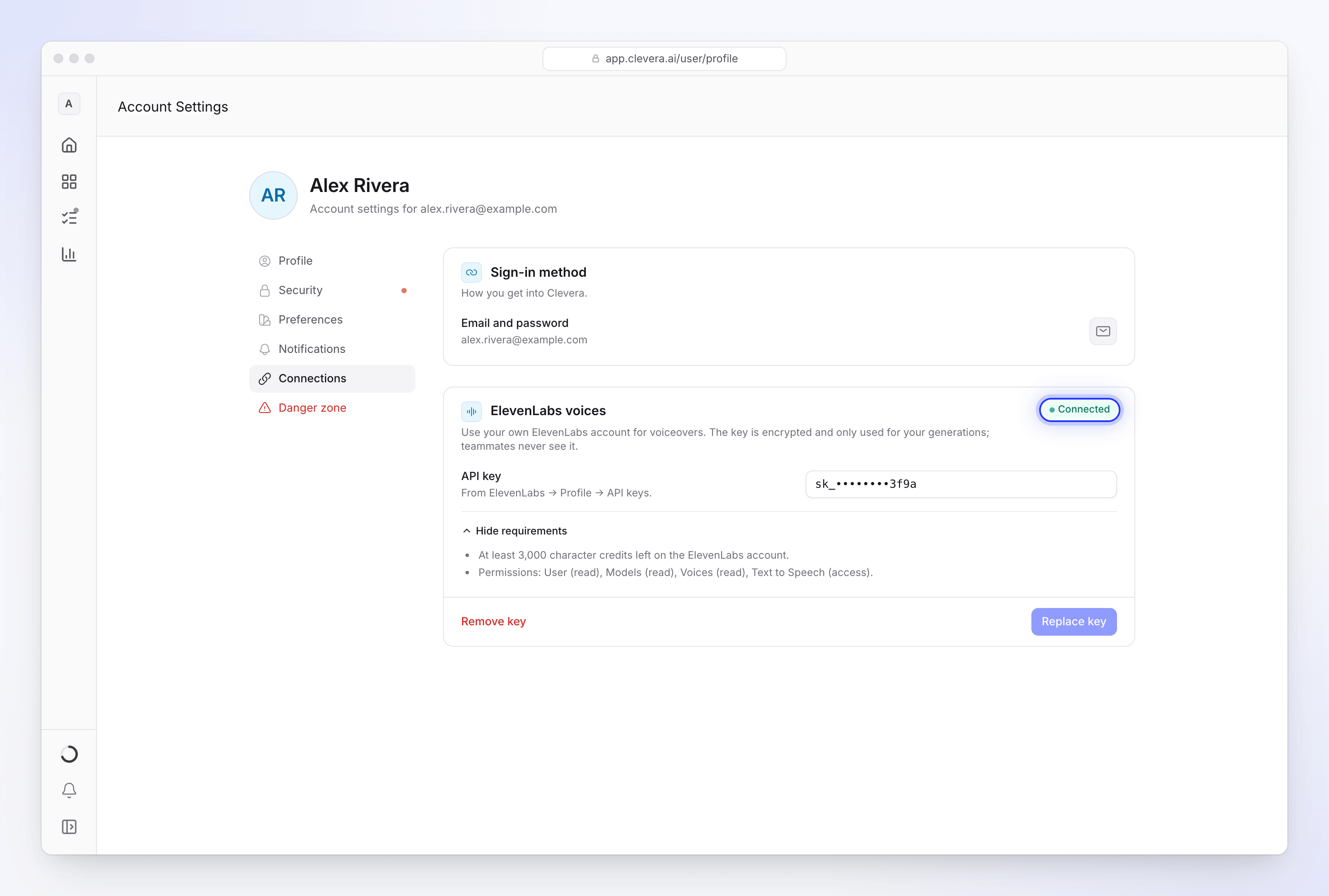 De sectie ElevenLabs-stemmen in Accountinstellingen → Verbindingen met een verbonden, gemaskeerde sleutel