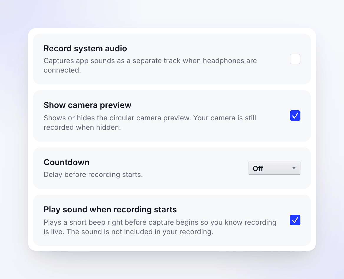 Windows: the Settings rows Record system audio, Show camera preview, Countdown and Play sound when recording starts, at their defaults.