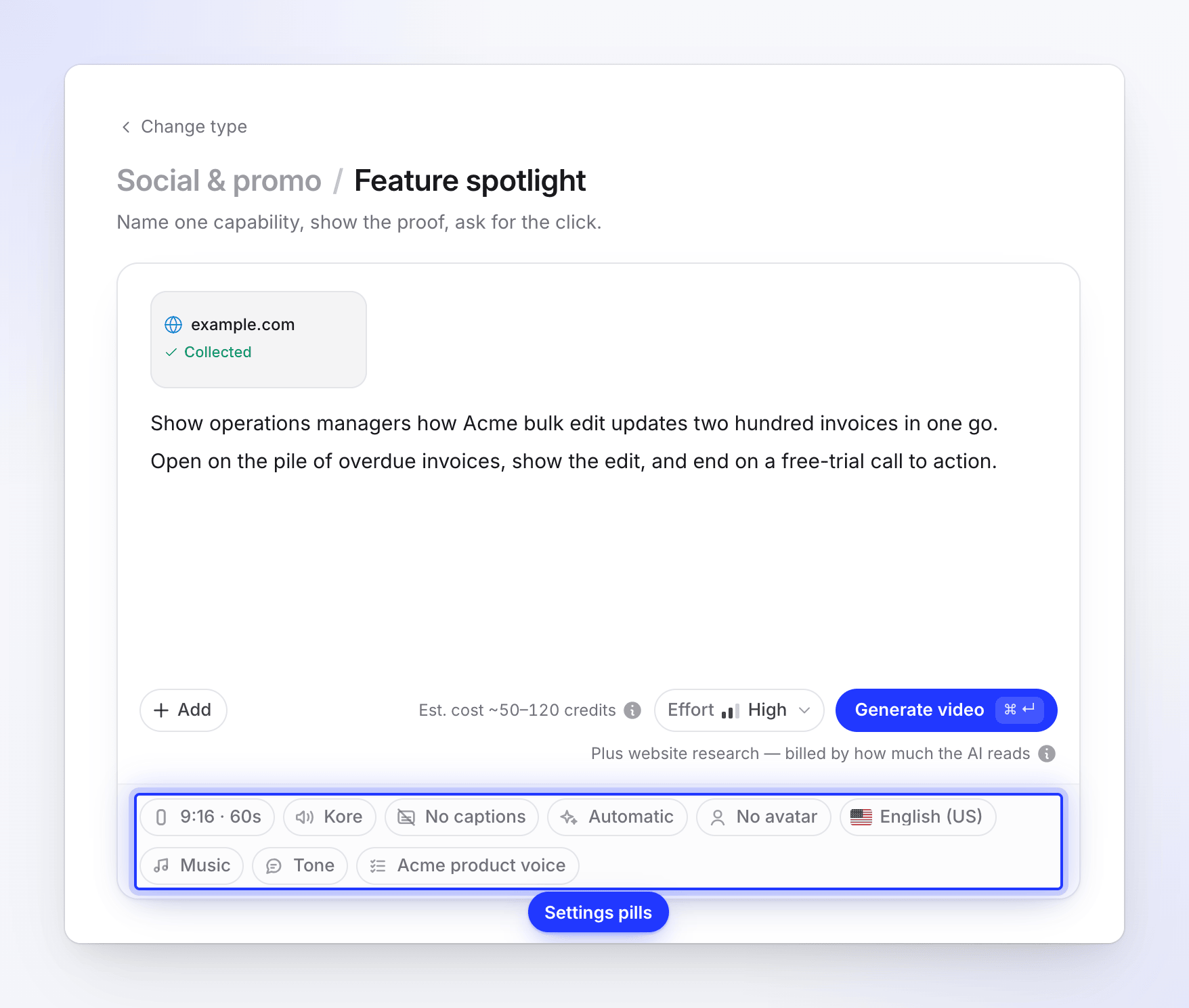 La página Componer con un resumen, un mosaico del sitio web example.com recopilado y la fila de píldoras de configuración