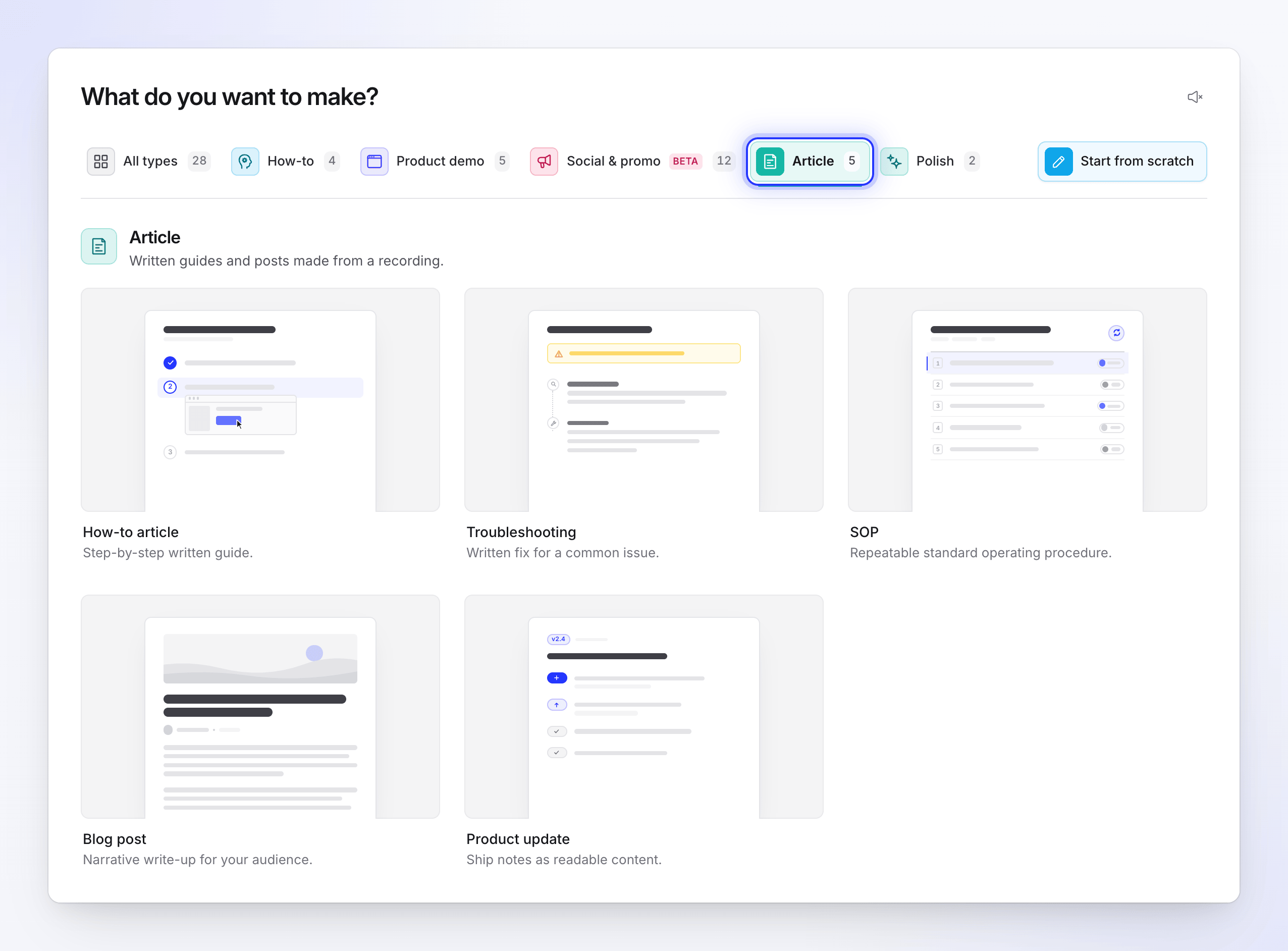 The Create gallery on the Article tab, with How-to article, Troubleshooting, SOP, Blog post and Product update