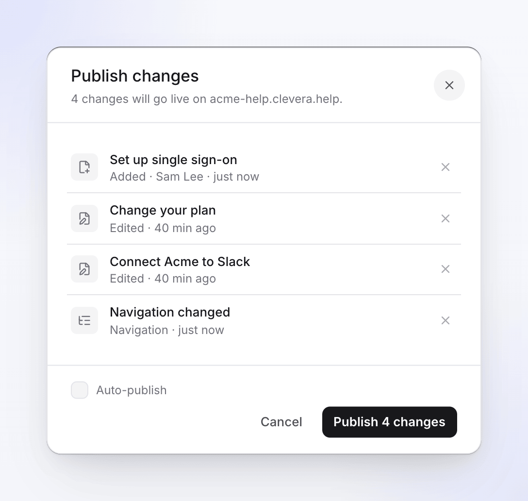 The Publish changes dialog listing four changes with Auto-publish and the Publish button