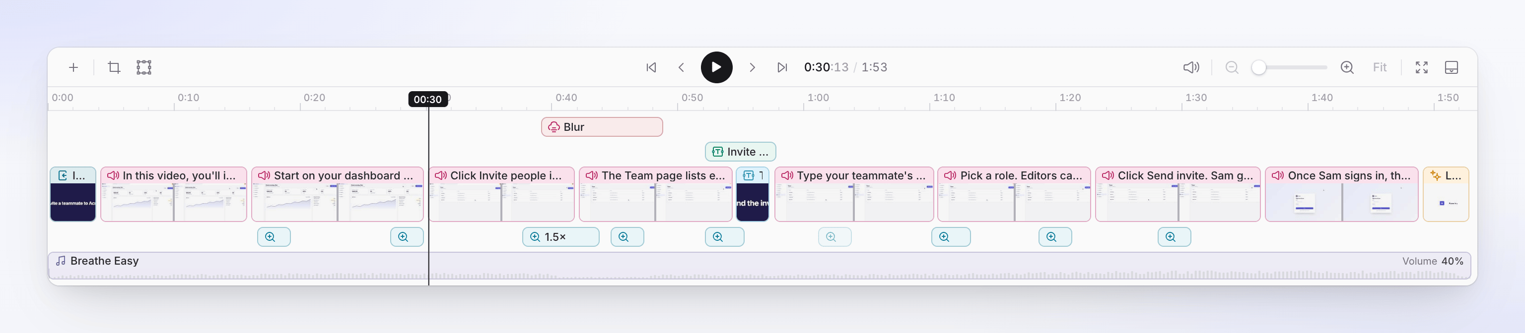 The whole timeline: element rows on top, then the scene row with cards and steps, the zoom lane and the music lane.