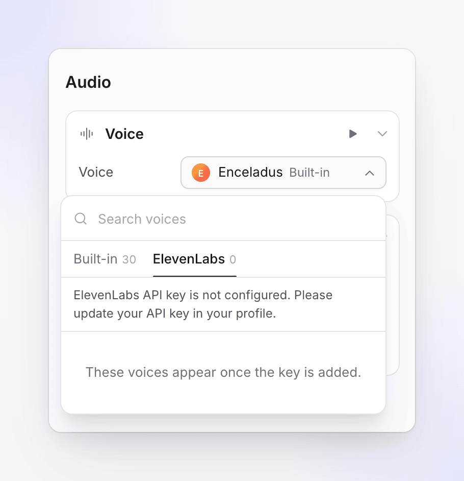 The voice picker's Built-in and ElevenLabs tabs, on ElevenLabs without a key.