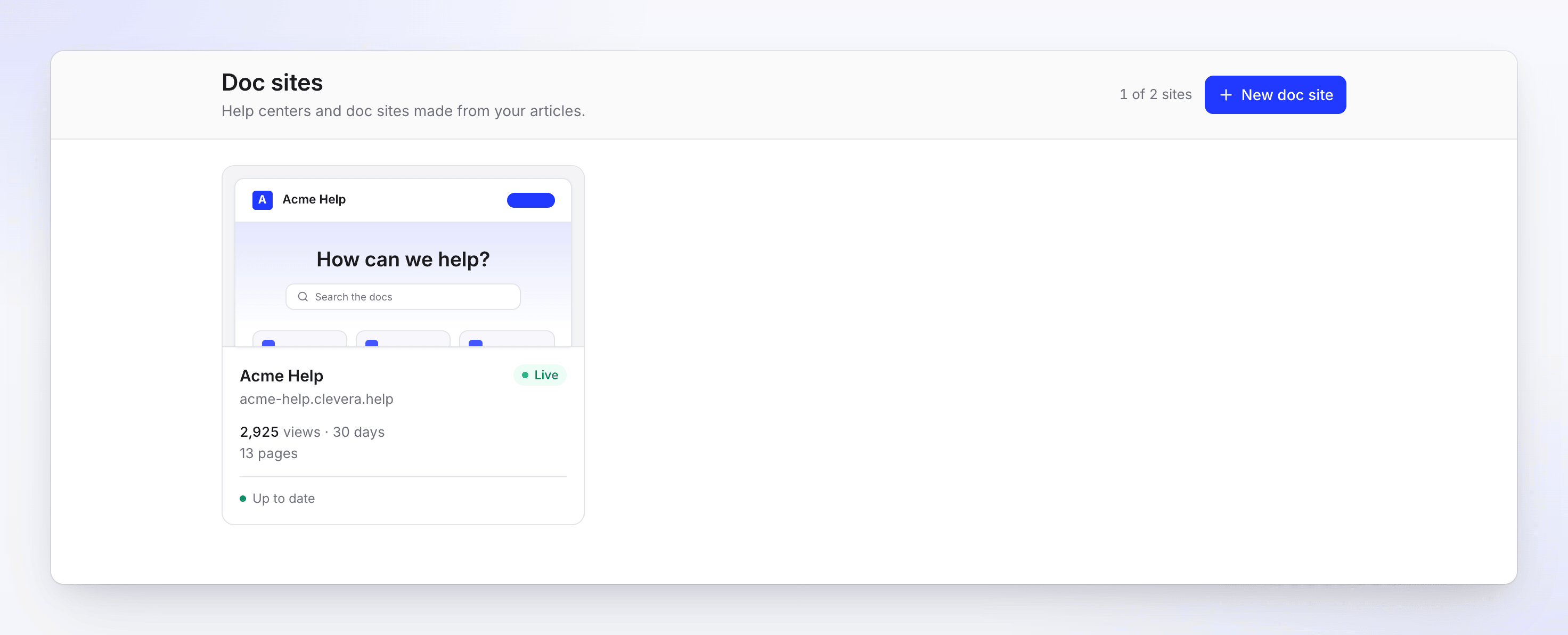 The Doc sites list with a live site card showing its address, views, pages and publish status