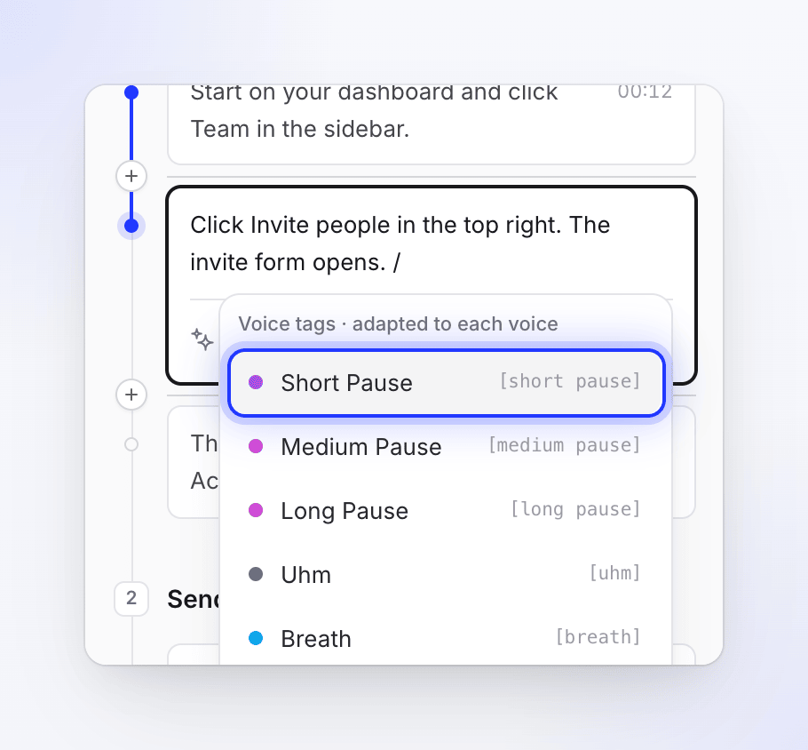 A narration line being edited with the Voice tags list open below it and Short Pause highlighted.