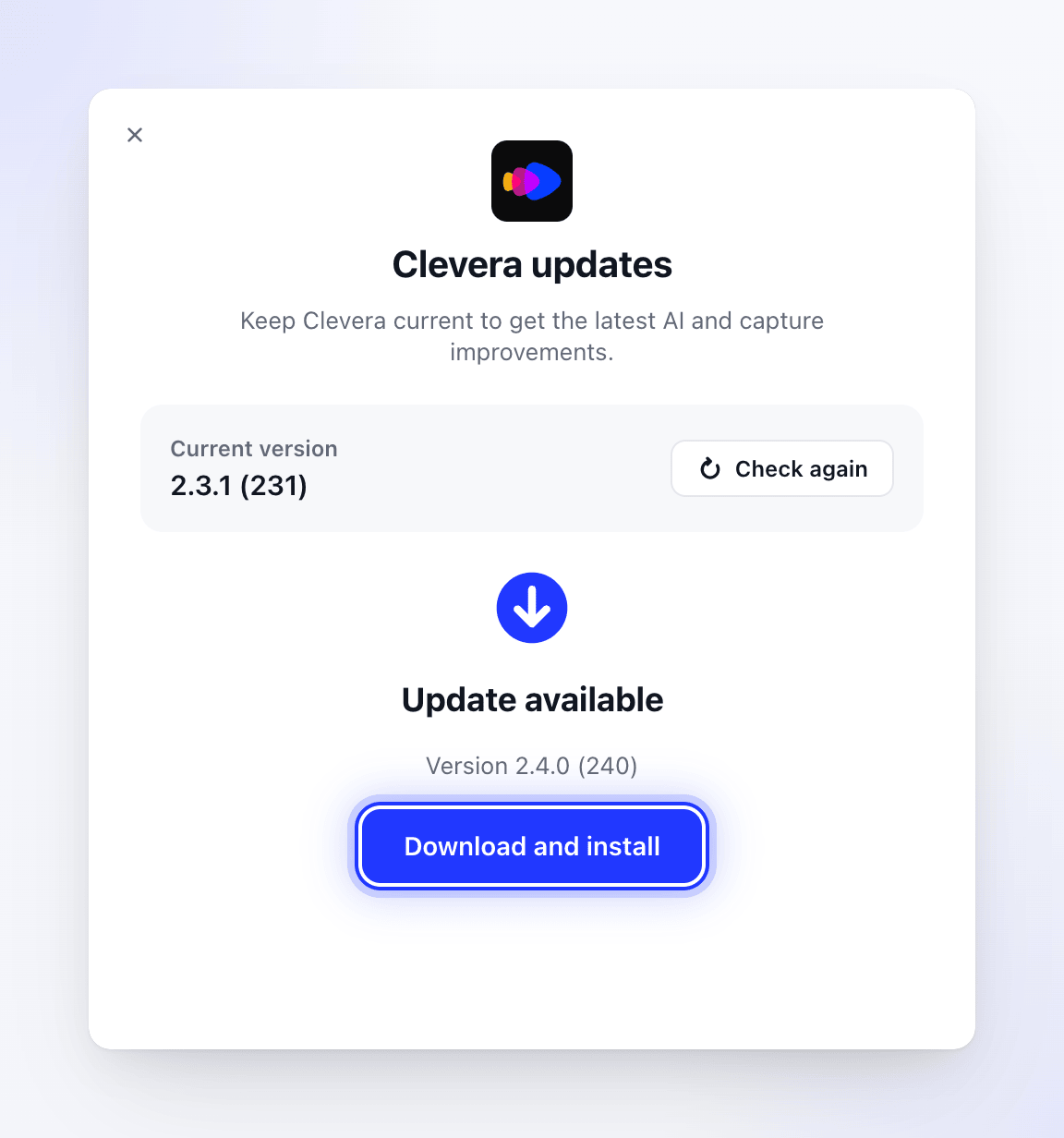 The Clevera updates window showing an available update.