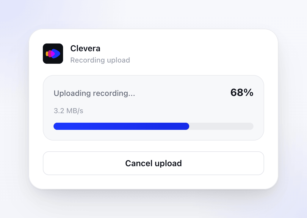 The Recording upload window at 68 percent.