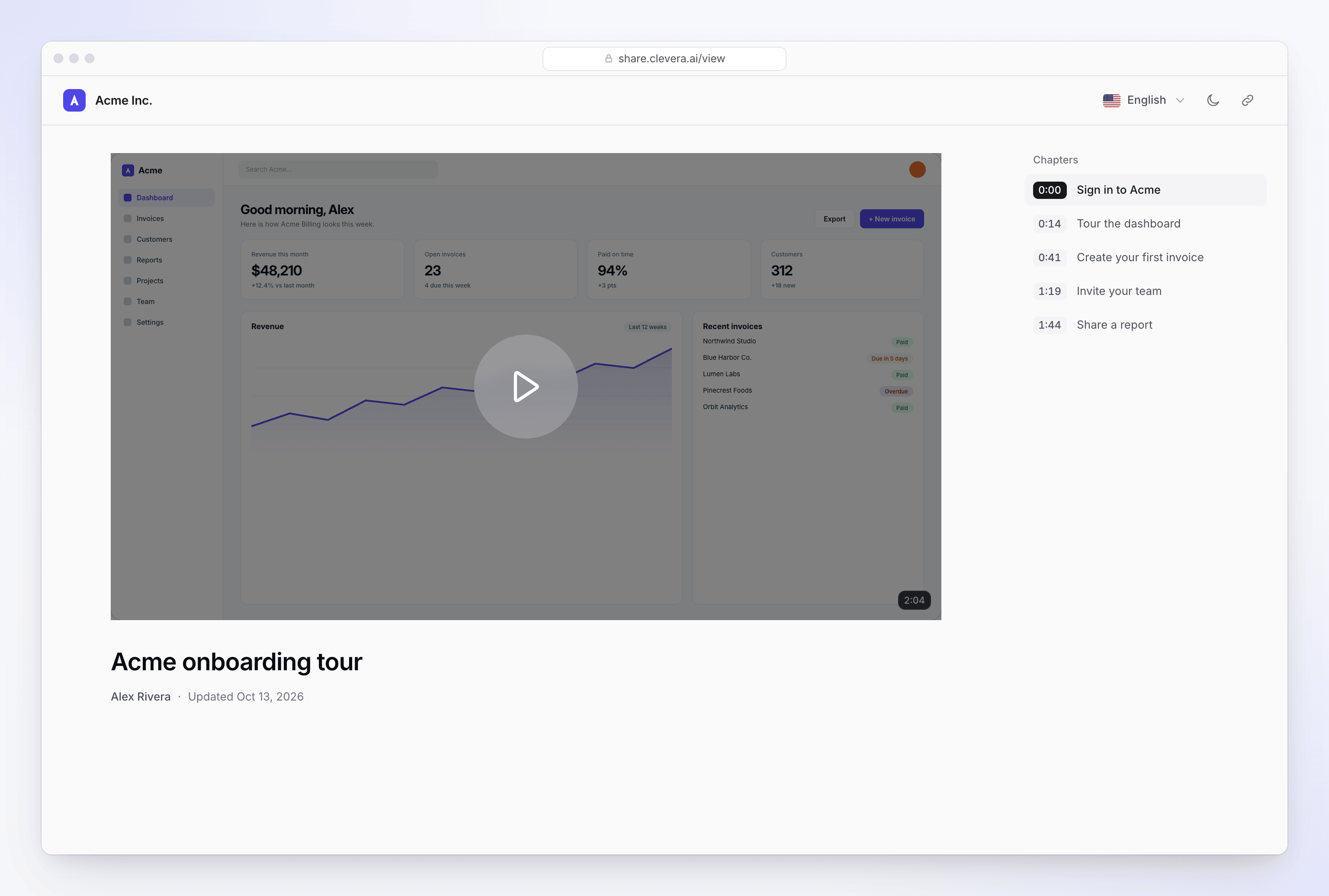 The public share page with the video player, chapters and language menu.