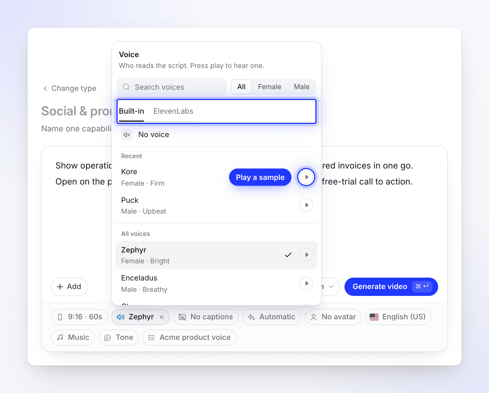 Il menu Voce con le schede Integrato ed ElevenLabs, le voci recenti e i pulsanti play