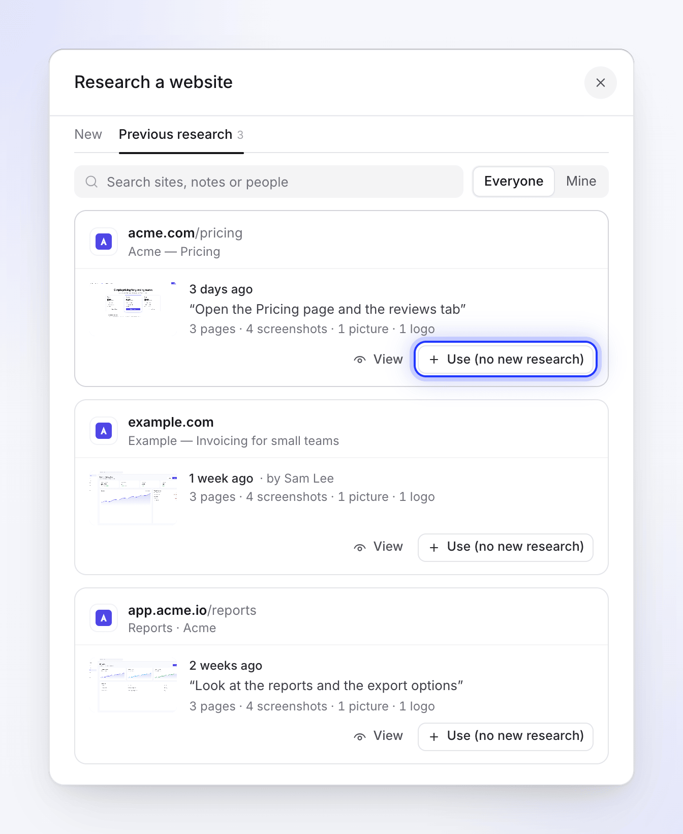 The Previous research tab listing earlier researched sites with View and Use (no new research) buttons