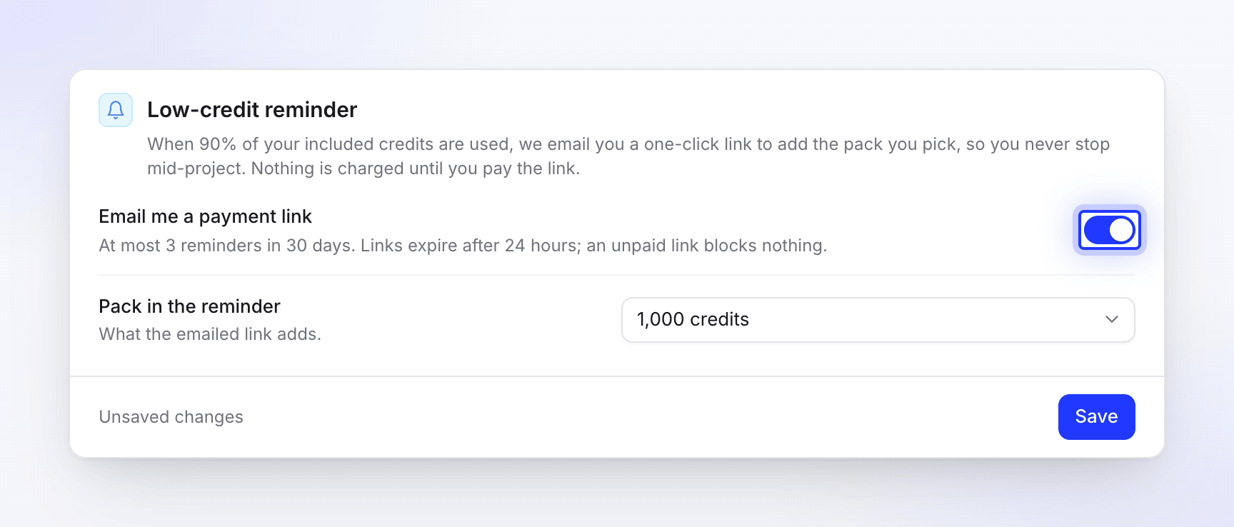 The Low-credit reminder settings with the payment-link email switched on and a 1,000-credit pack chosen