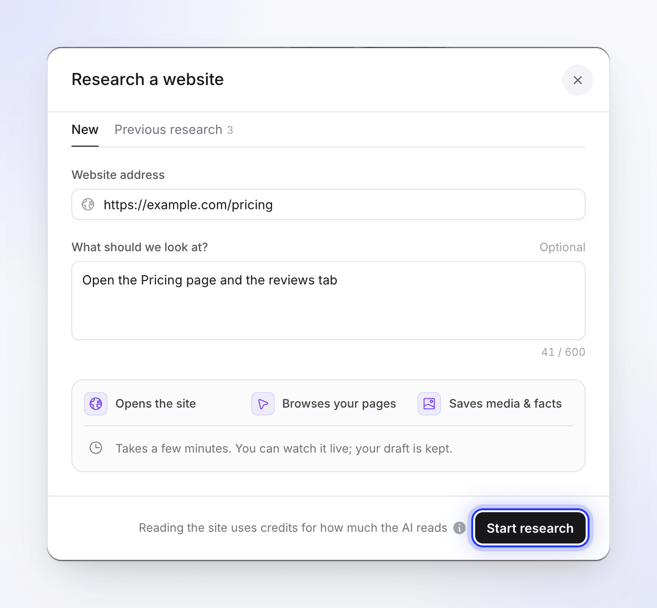 The Research a website dialog with example.com/pricing entered and a note about the pricing page