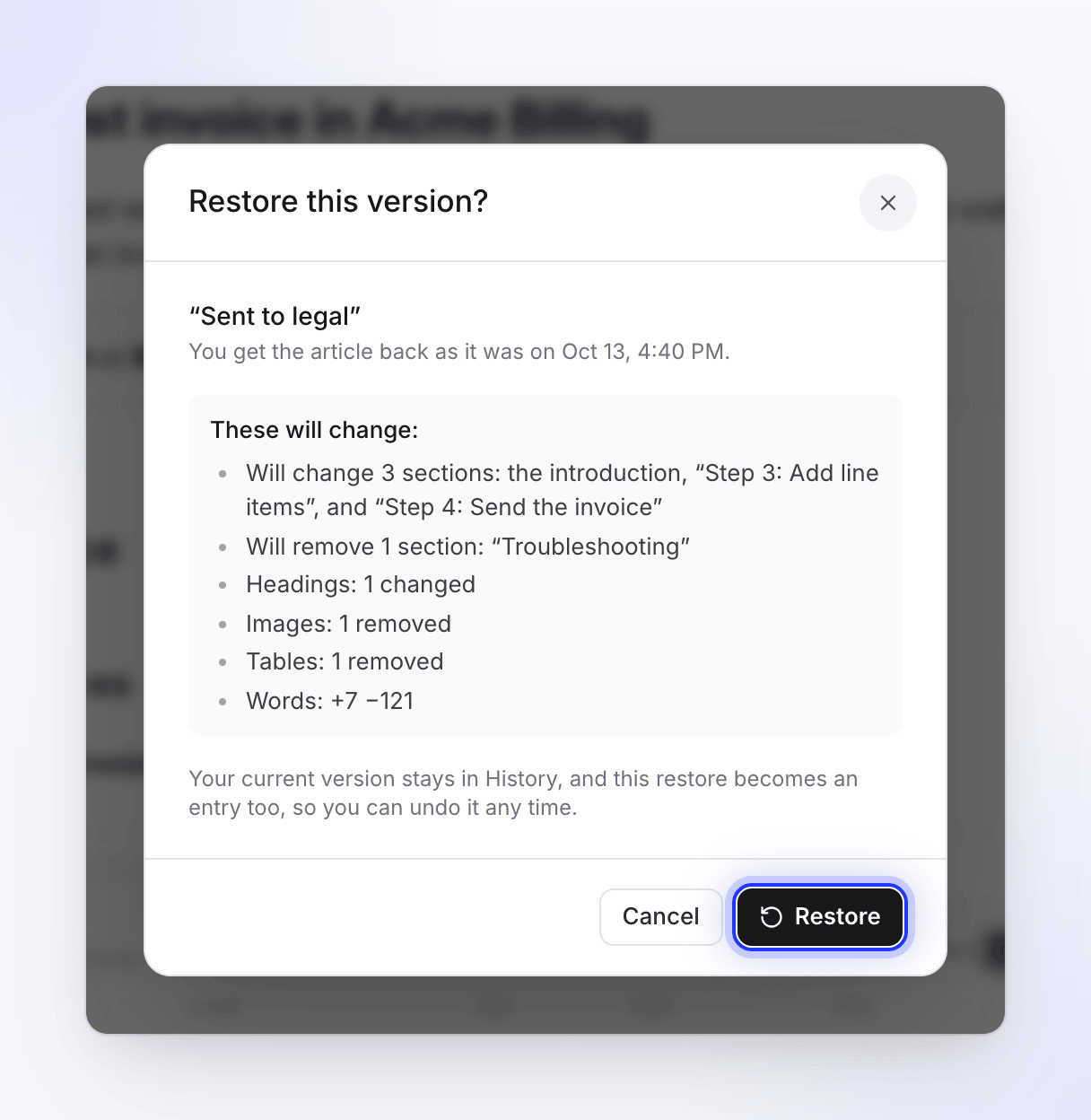 The Restore this version dialog listing what will change