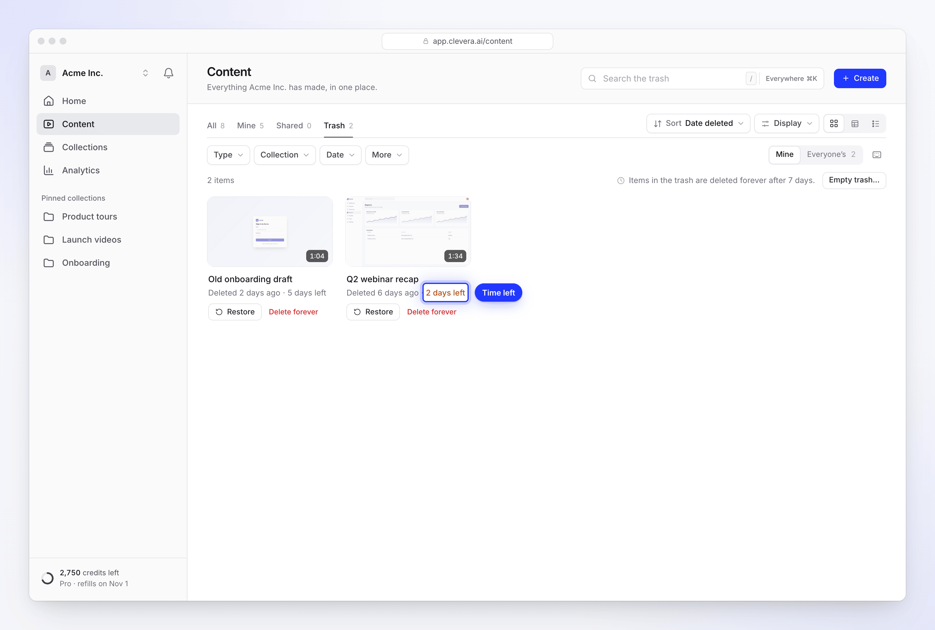 The Trash tab with deleted items, their countdowns and Restore buttons
