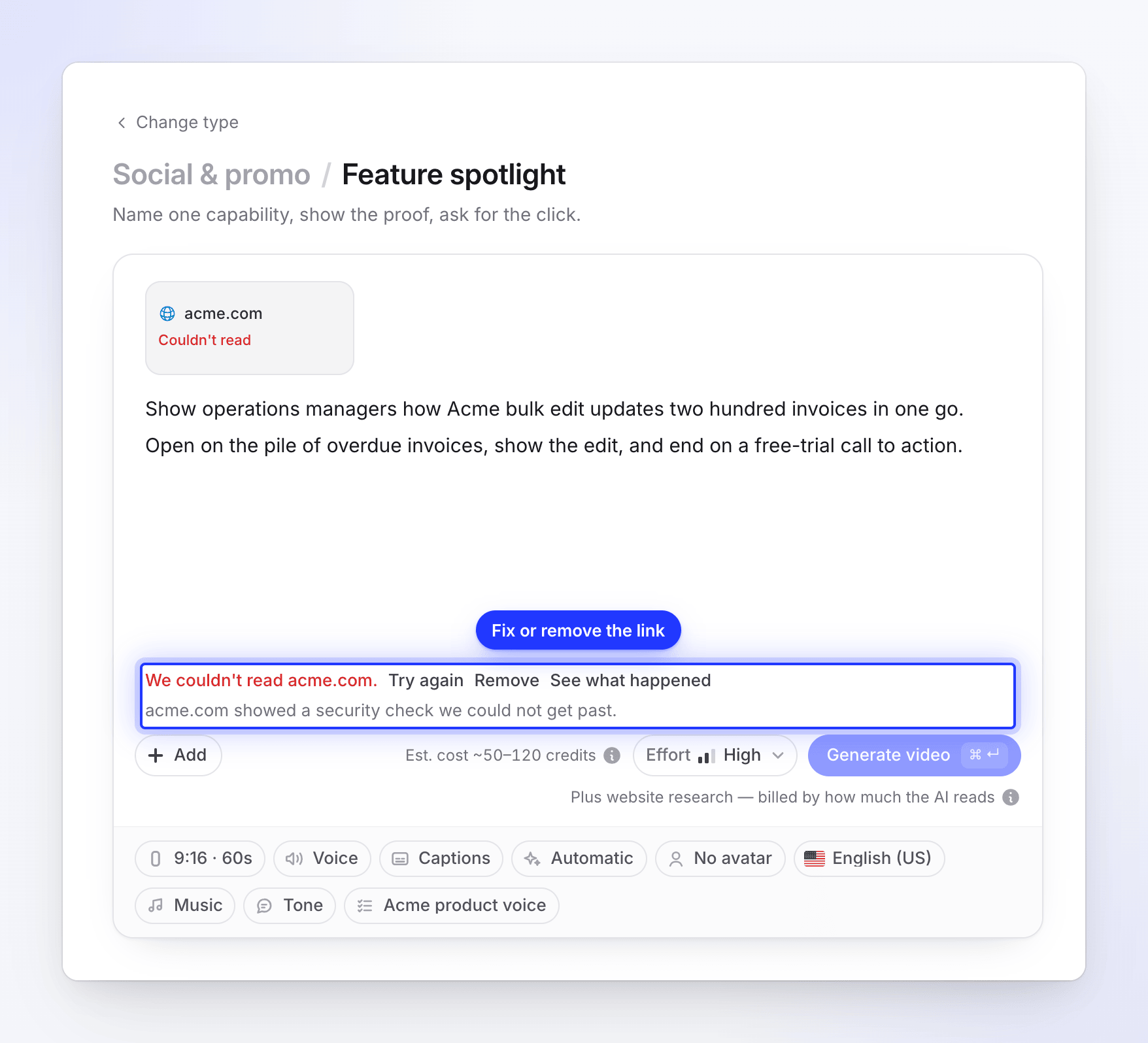 Compose showing a link that couldn't be read, with Try again, Remove and See what happened
