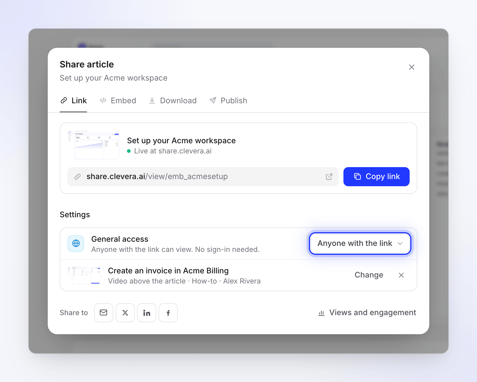 The Link tab with general access and a video shown above the article