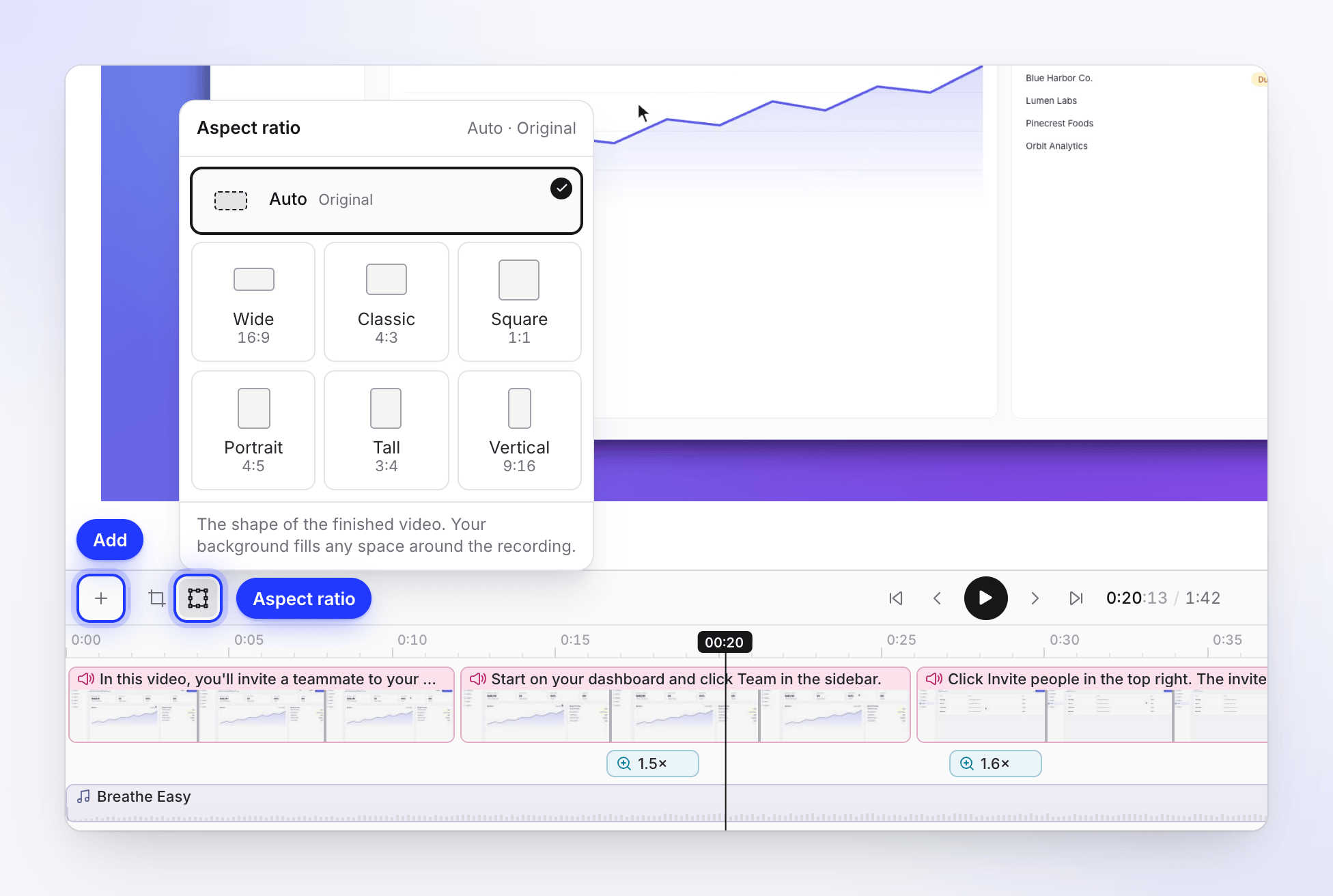 The timeline toolbar with the Add button and the aspect ratio menu open.