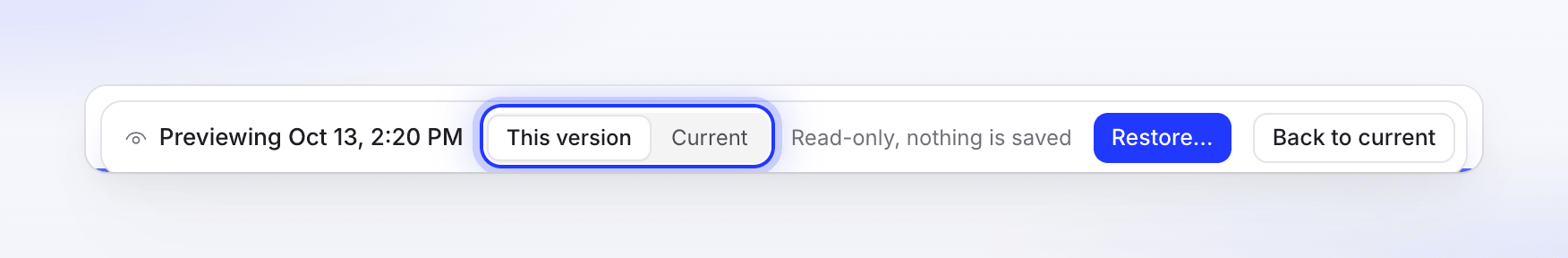The preview bar over the video with This version and Current, Restore and Back to current.