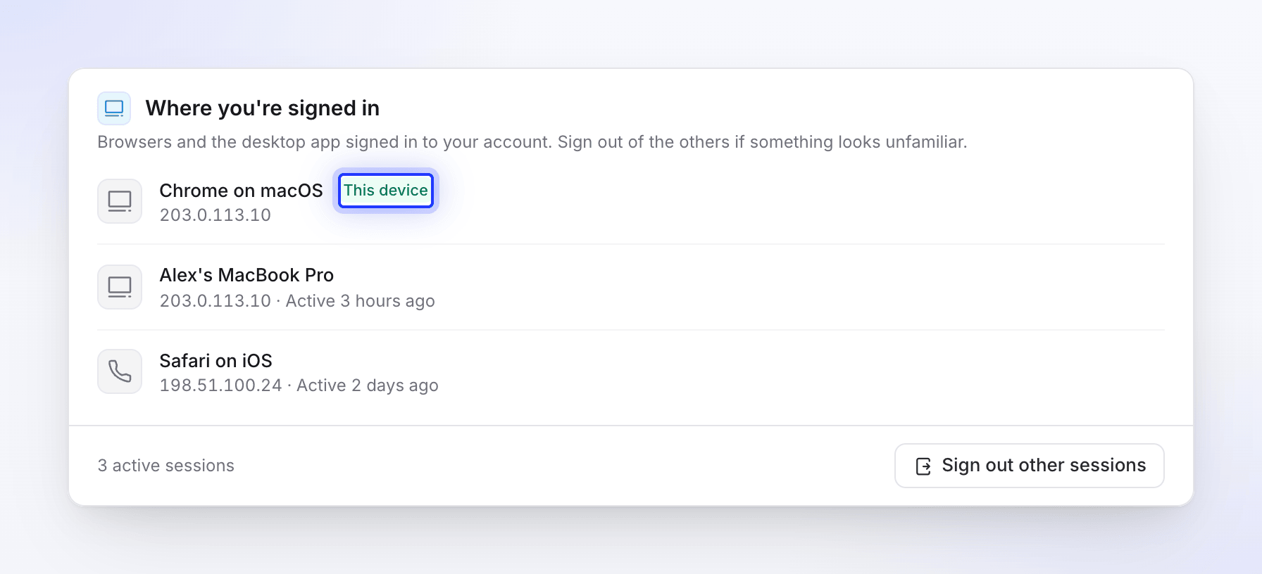 The Where you're signed in list with a browser on this device, the desktop app and Safari on iOS, and a Sign out other sessions button